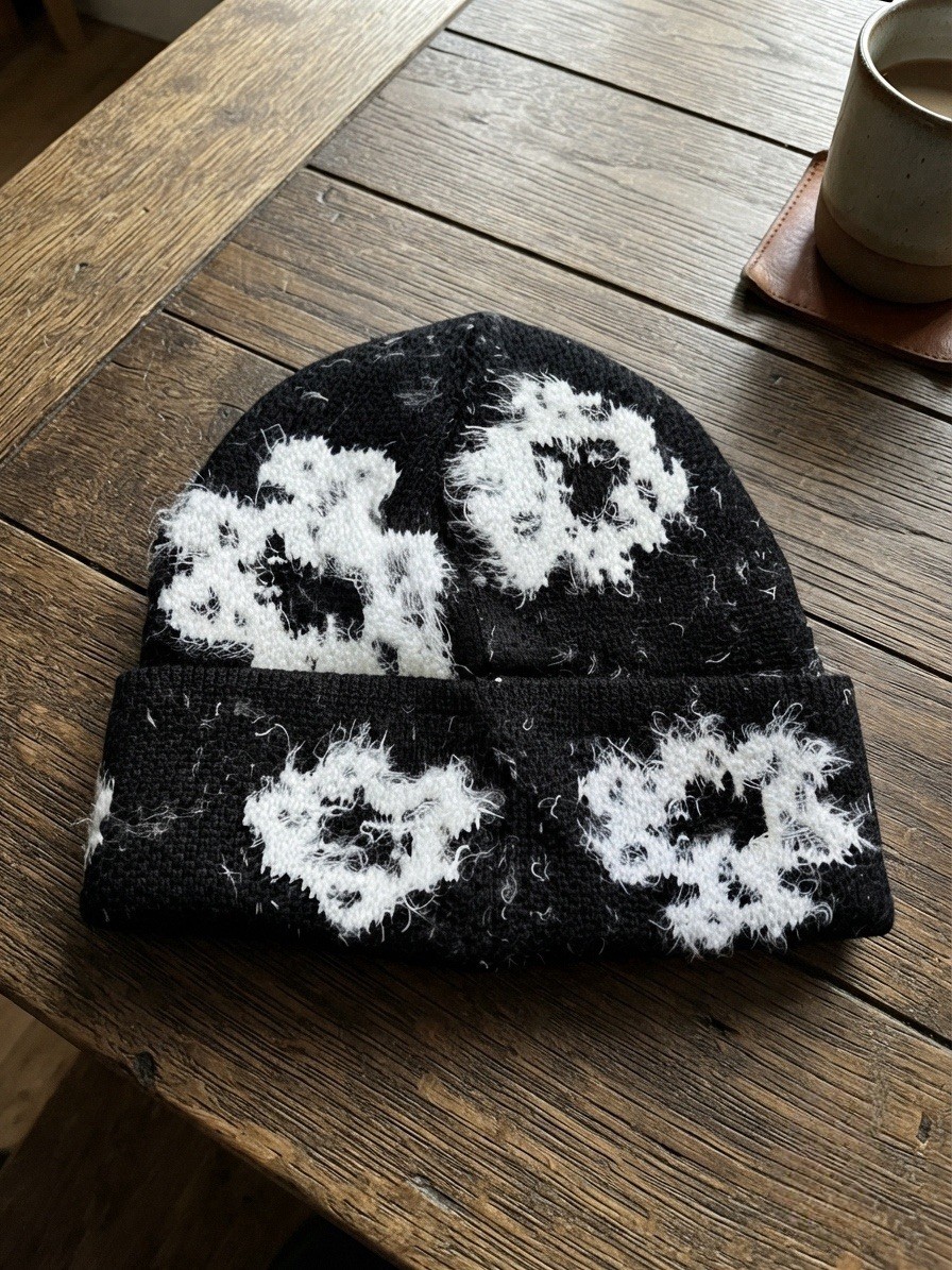 ⁠Soft Fuzzy Knit Beanie Winter Hat Black & White Floral Accents⁠