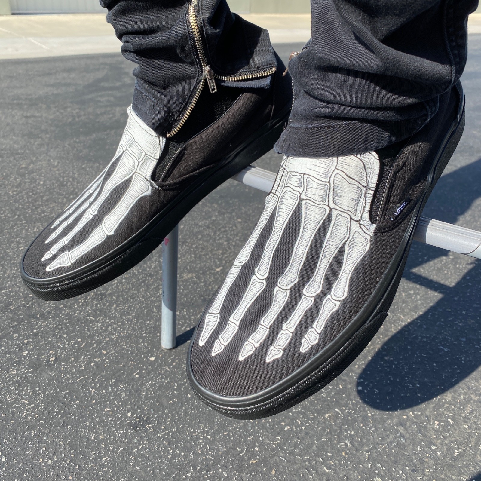 Vans Slip On Shoes Skeleton Feet Halloween Theme All Black Custom Shoes