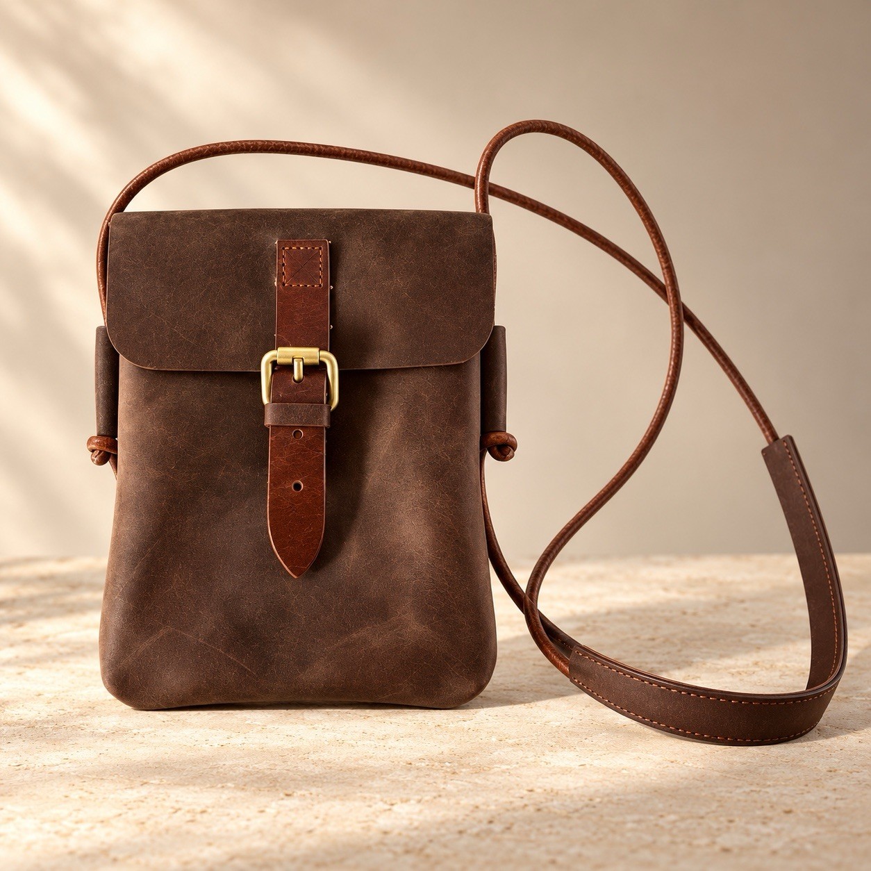 VINTAGE HANDMADE LEATHER CROSSBODY BAG SMALL BROWN PHONE PURSE BUCKLE SHOULDER