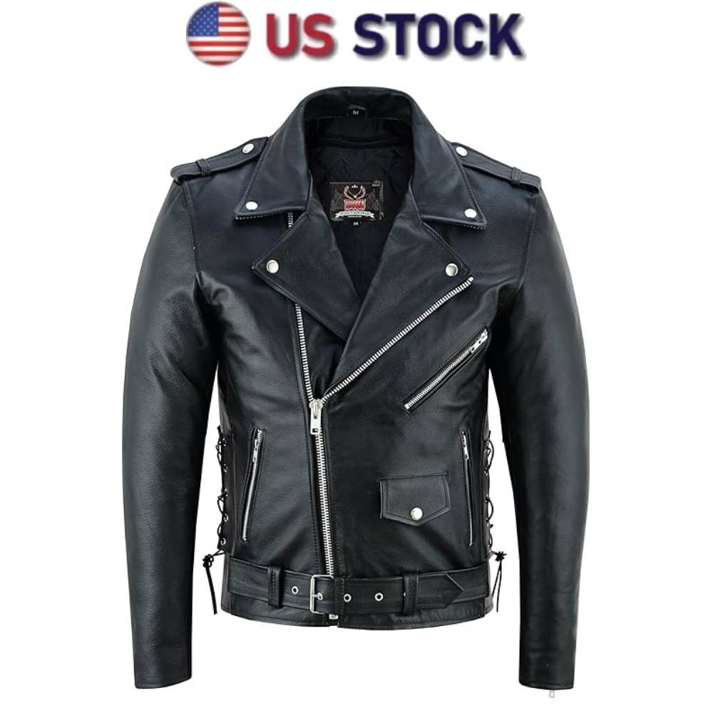 Men\'s Motorcycle Leather jacket Genuine Buffalo Skin Brando Style Black Biker