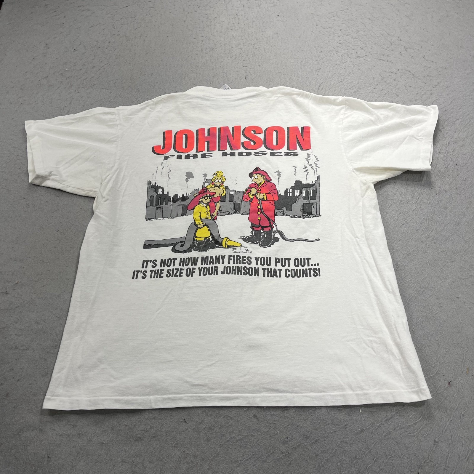 VINTAGE Big Johnson T Shirt Mens Large Raunchy Fire Hose Funny Single Stitch 90s