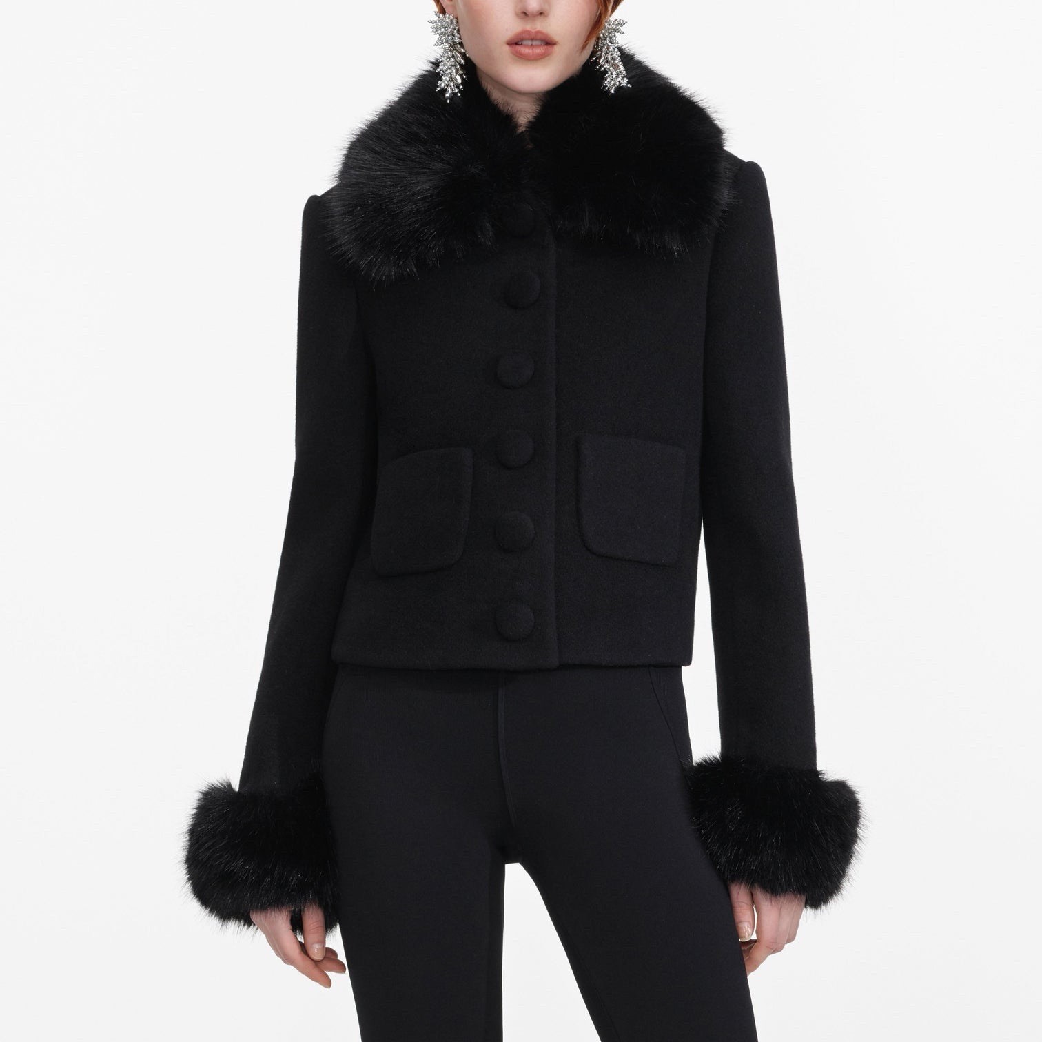 self portrait BLACK WOOL FUR CUFF JACKET $ 740 Size US 2 UK 6