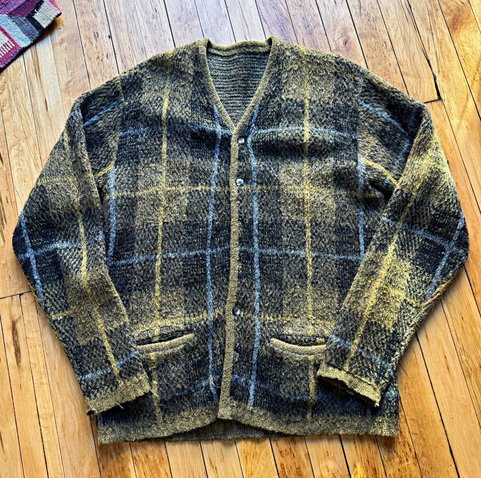 Vintage 1960s mohair blend shadow plaid cardigan sweater size large true vintage