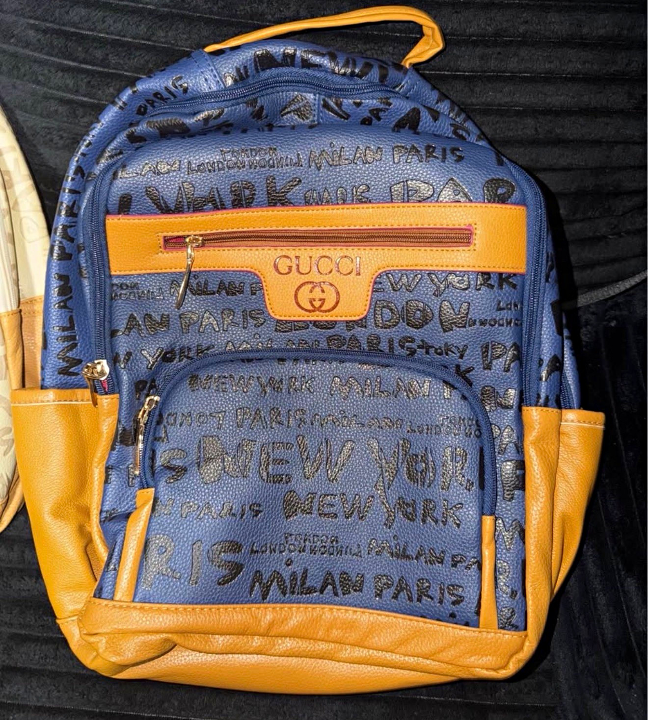 Gucci Blue/Brown Zip Backpack Logo Pattern Pockets Gold Hardware Top Handle