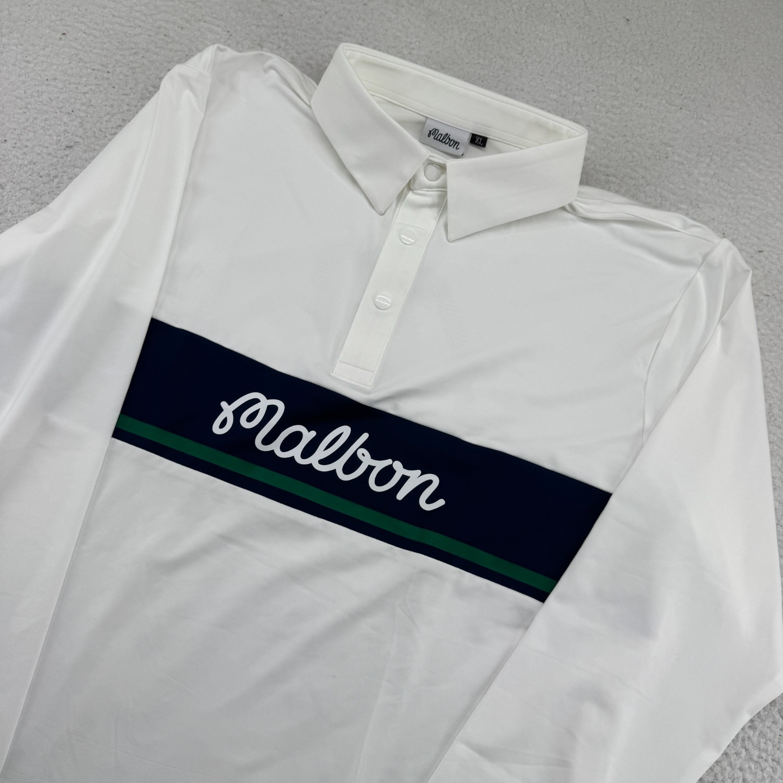 Malbon Golf Polo Mens XL White Long Sleeve Spellout Performance Snap Buttons