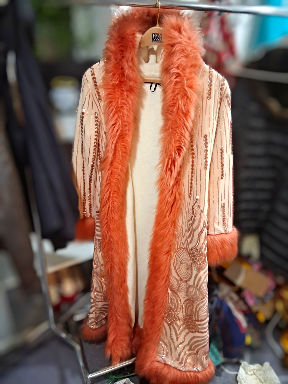 BCBG Max Azria Beige Sequin Overcoat Orange Faux Fur Trim Lined M/L