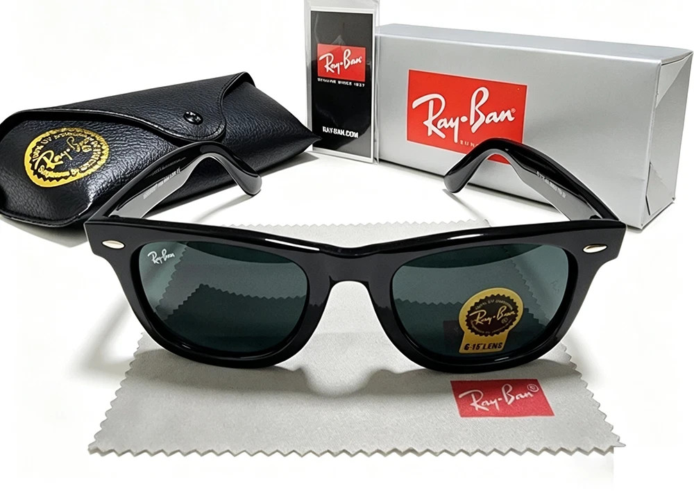 New Ray-Ban RB2140 Wayfarer Sunglasses Glossy Black Frame Glass Gray Lens 50mm