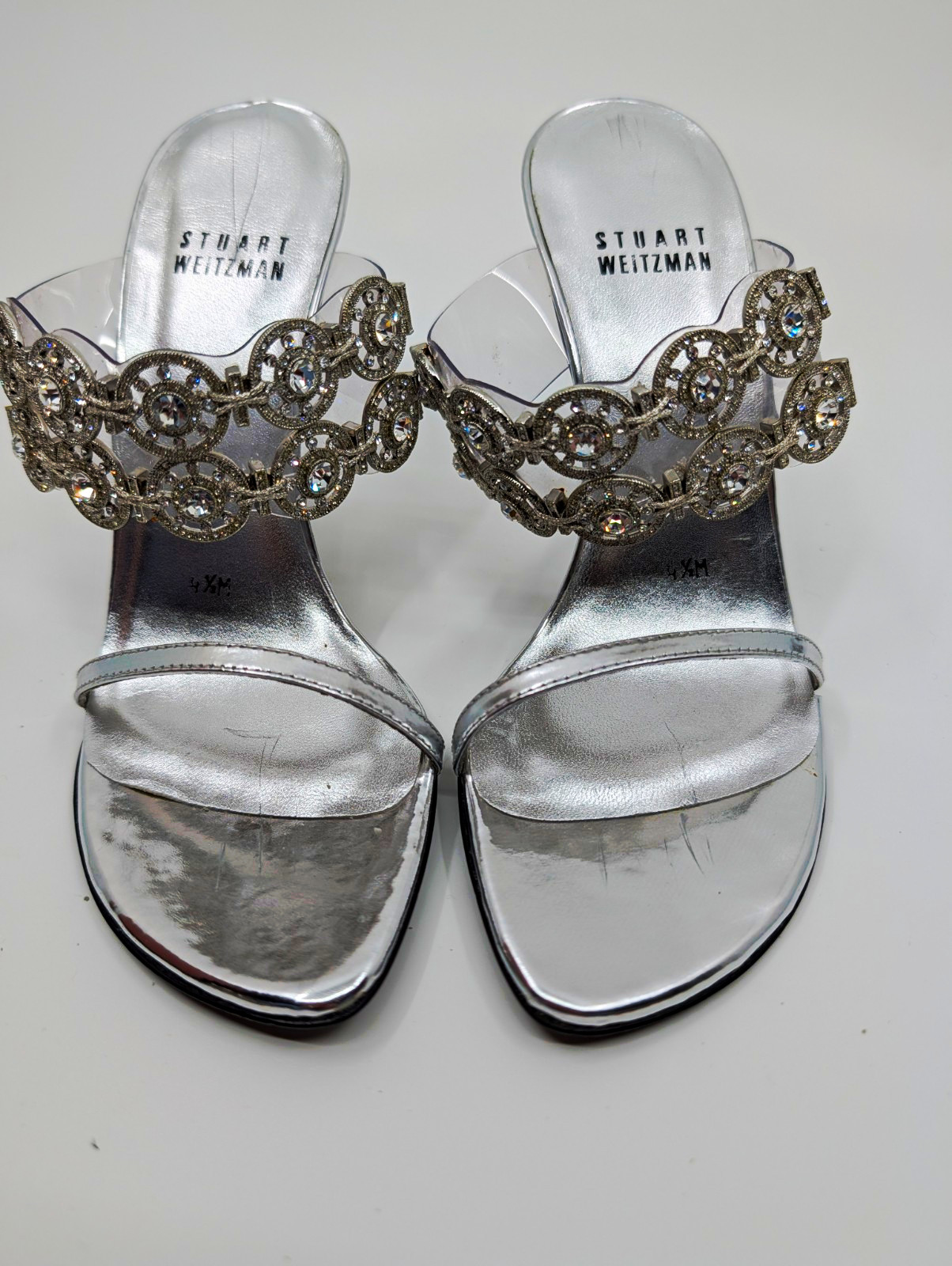 Stuart Weitzman Silver/Clear PVC Rhinestone Strappy Stiletto Heel US 4.5