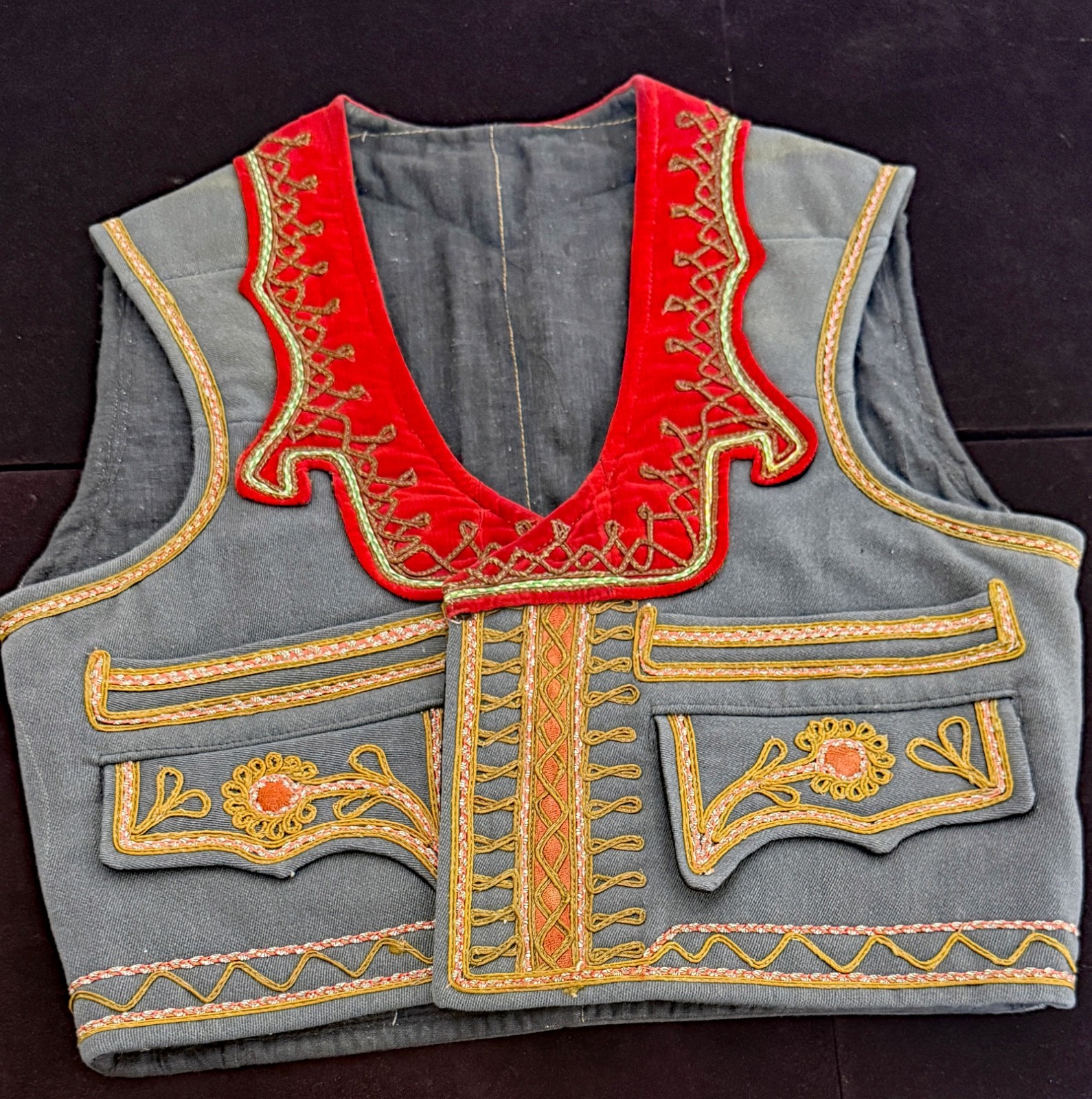 Vintage Ottoman Balkan Folk Vest Jelek w/ Red Collar & Metallic Threads  B230