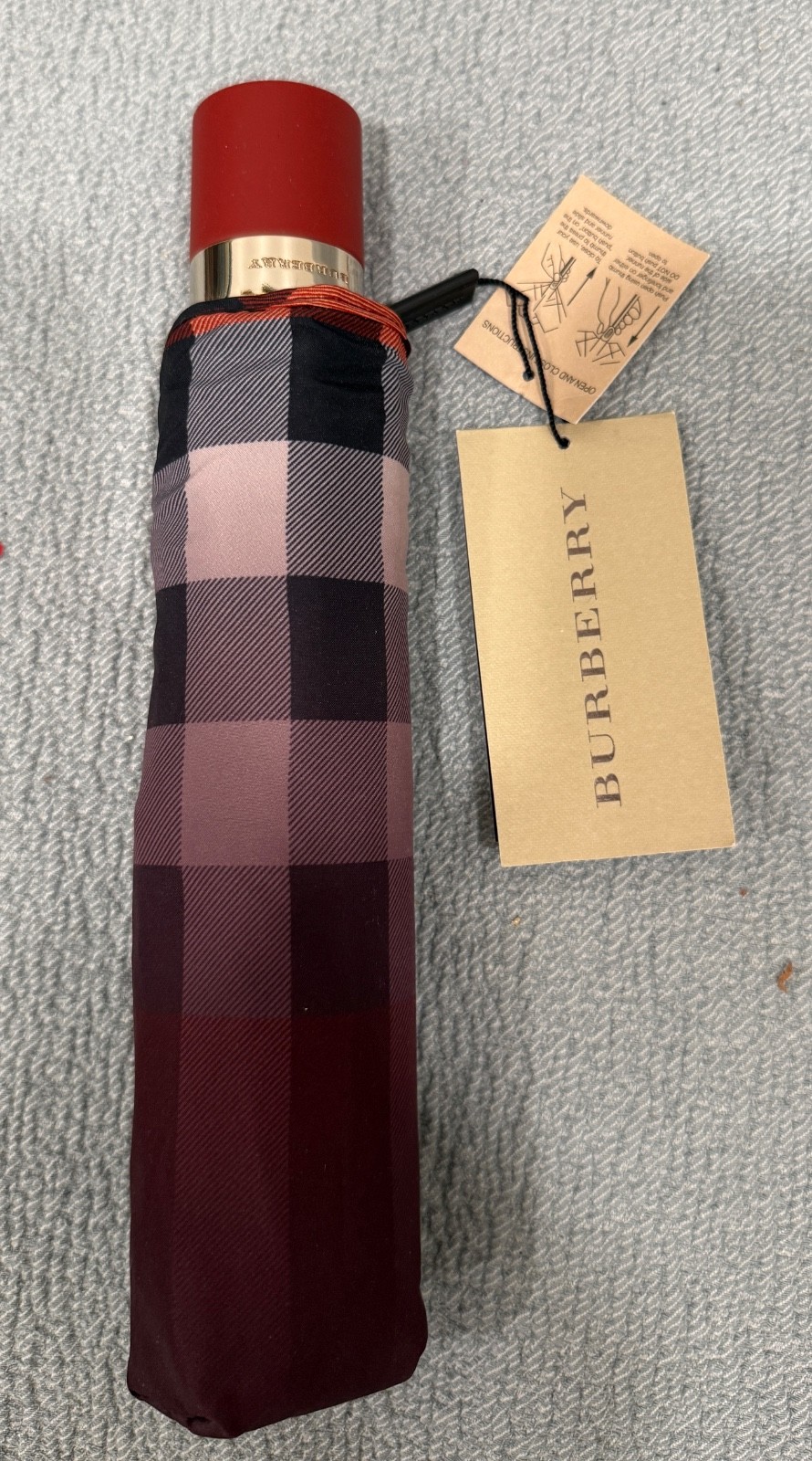 Burberry 3935791 Ombre Check Folding Umbrella Cadmium Red New With Tags