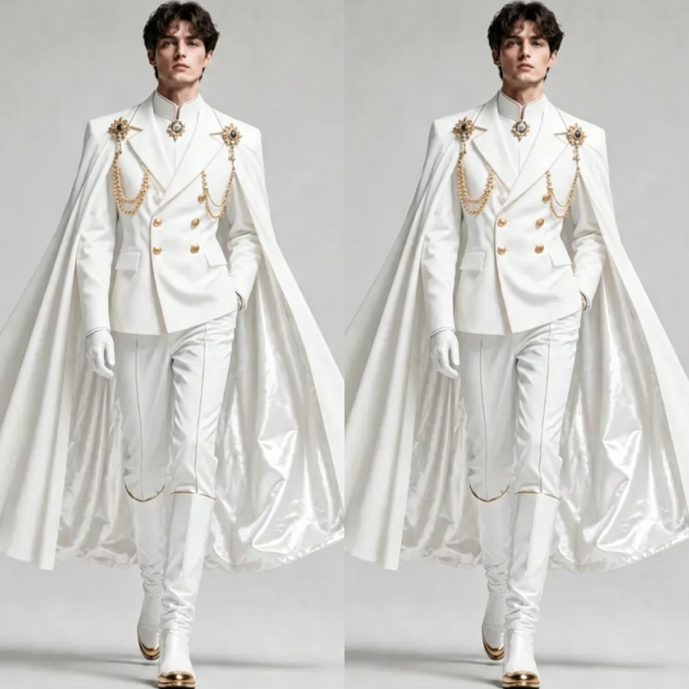 3 Pcs Men White Royal Military Suit with Cape Jacket Wedding Groom Party Outfit
