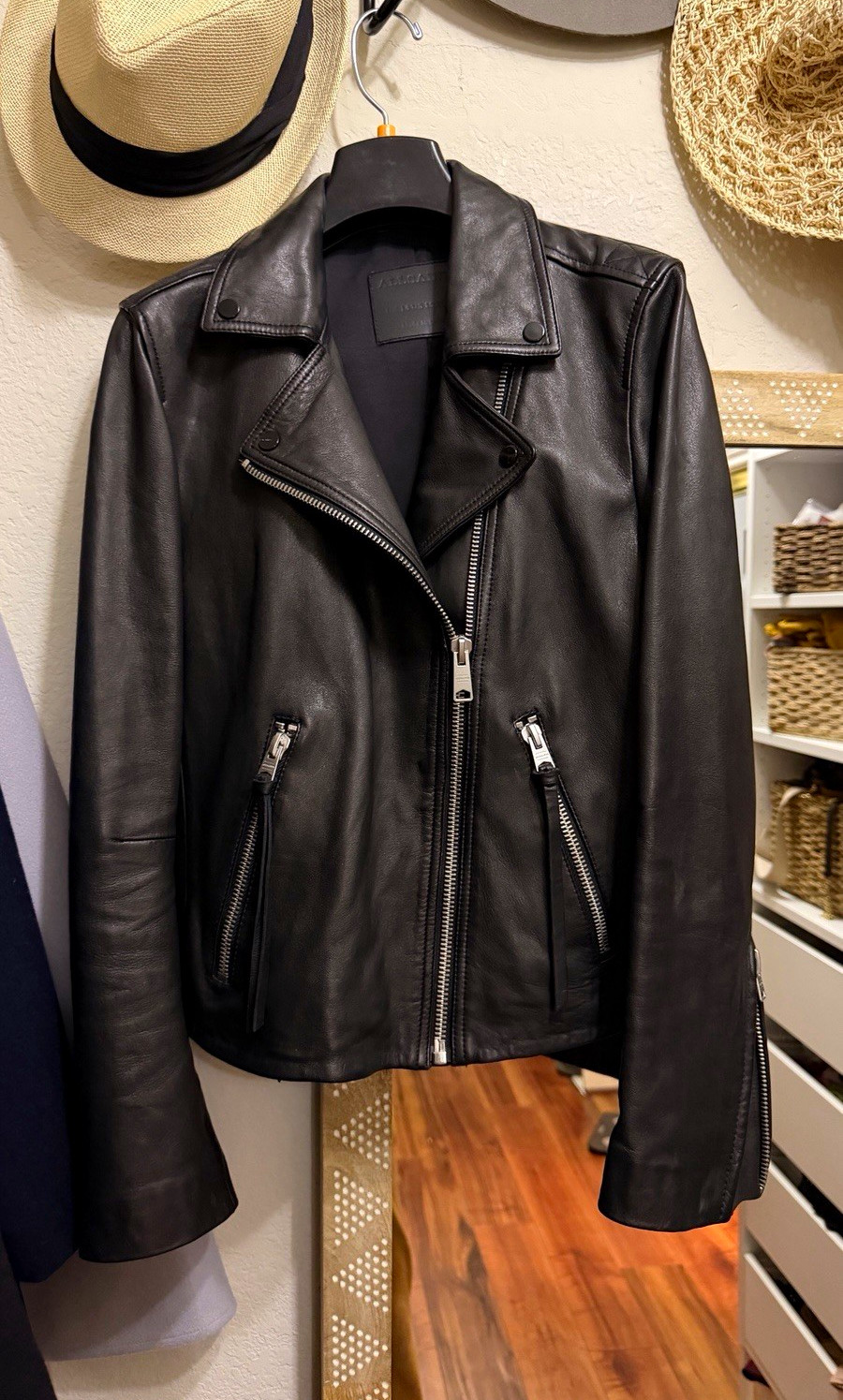 ALLSAINTS Dalby Biker Women’s Black Lamb Leather Moto Jacket Zip Pockets Sz 10