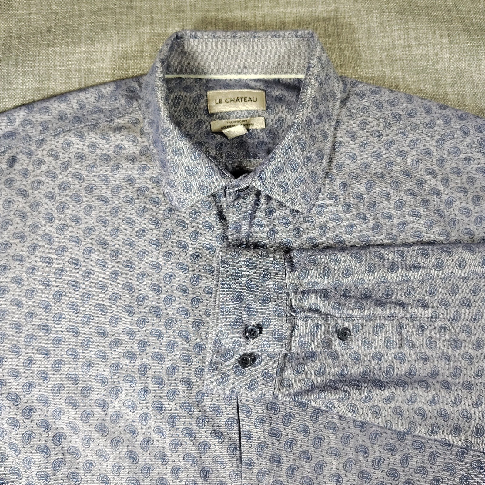 Le Chateau Shirt 16.5 -17 Blue Tailored Fit Paisley Spread Collar Cotton Stylish