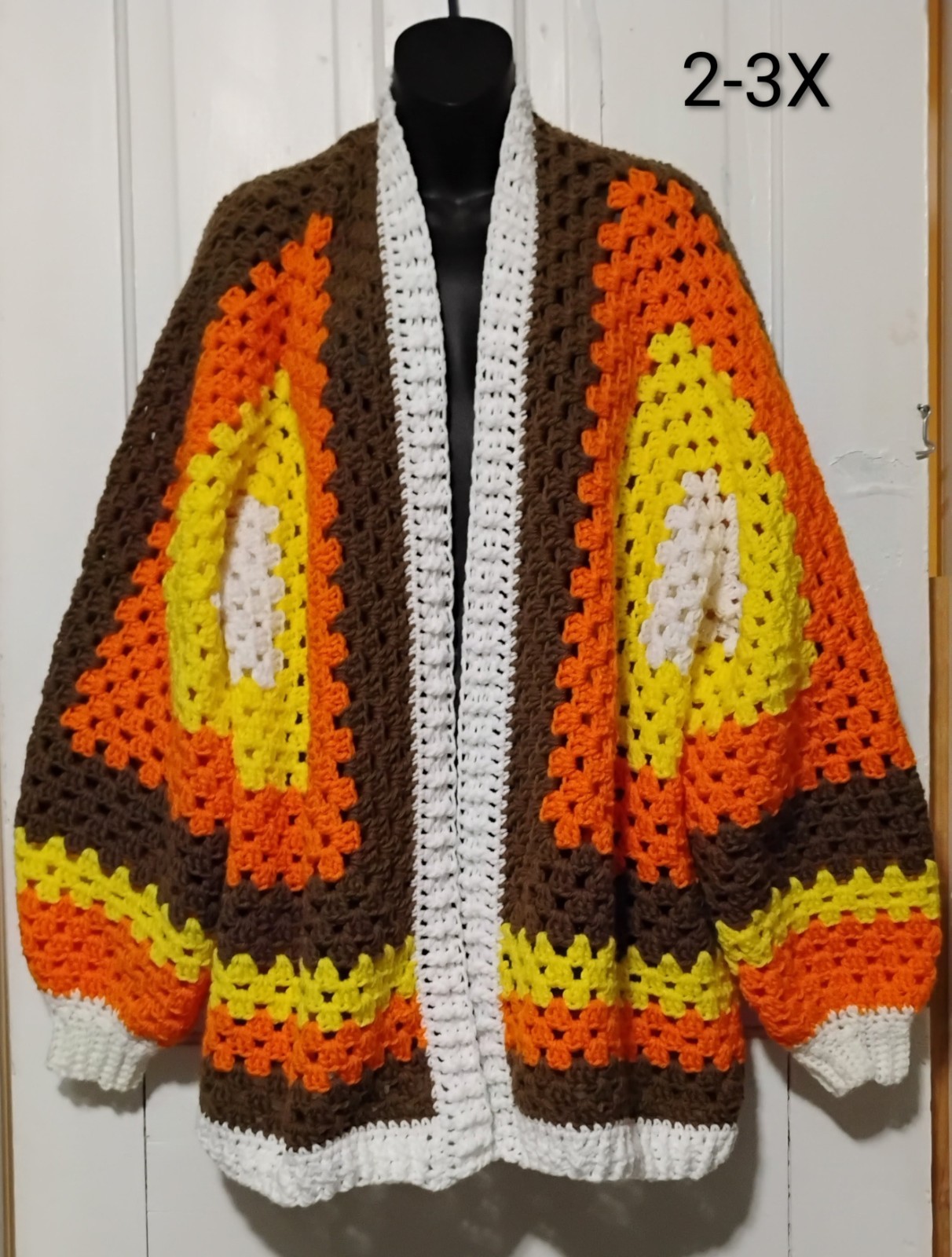 Handmade Crochet Hexagon Cardigan Sweater Halloween Fall Colors Candy Corn Sz 2X