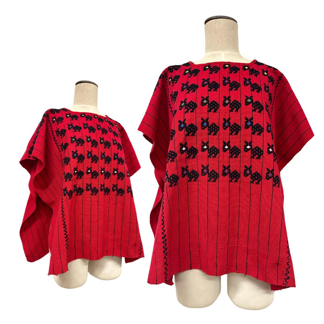 Vintage Guatemalan Huipil in Red & Black Woven Animals Open Sides