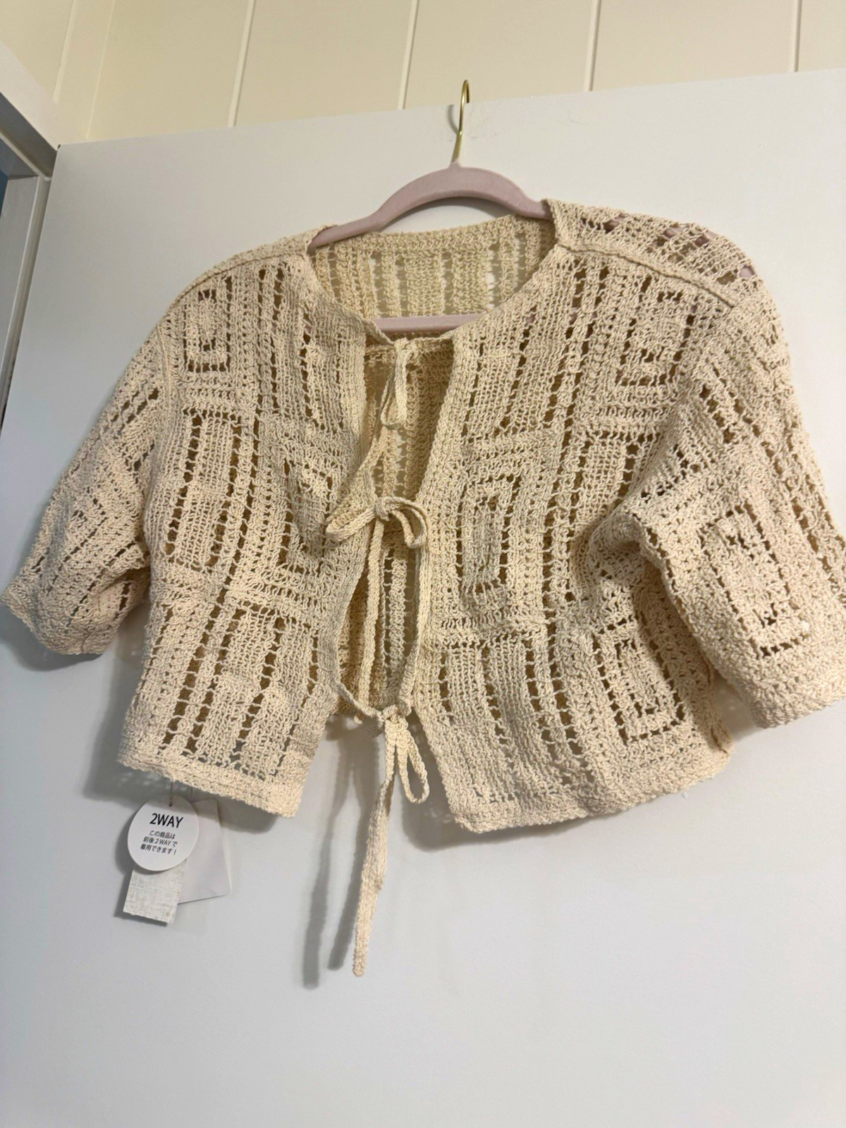 2WAY Beige Crochet Open-Knit Tie Front Cardigan 3/4 Sleeve One Size