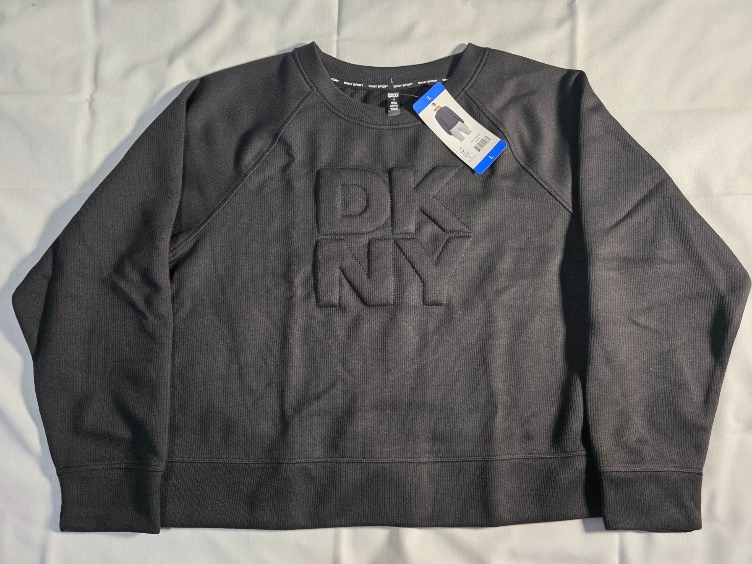 DKNY Sport Women’s Sweatshirt Black Embossed Logo Crewneck Pullover Size L  NWT