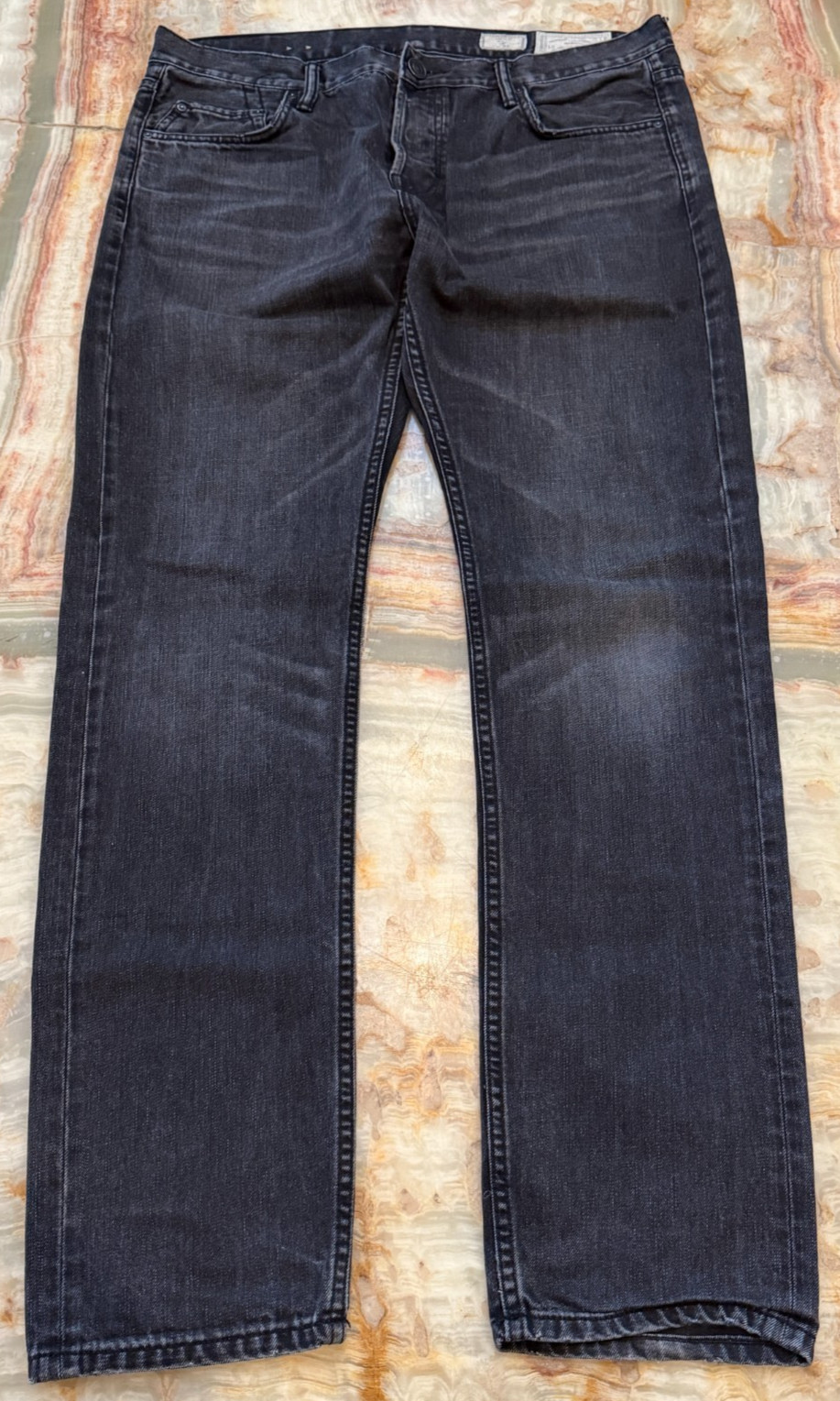 All Saints Mens Straight Jeans Black Denim Iggy Slim Fit Whisker Dark Wash W34