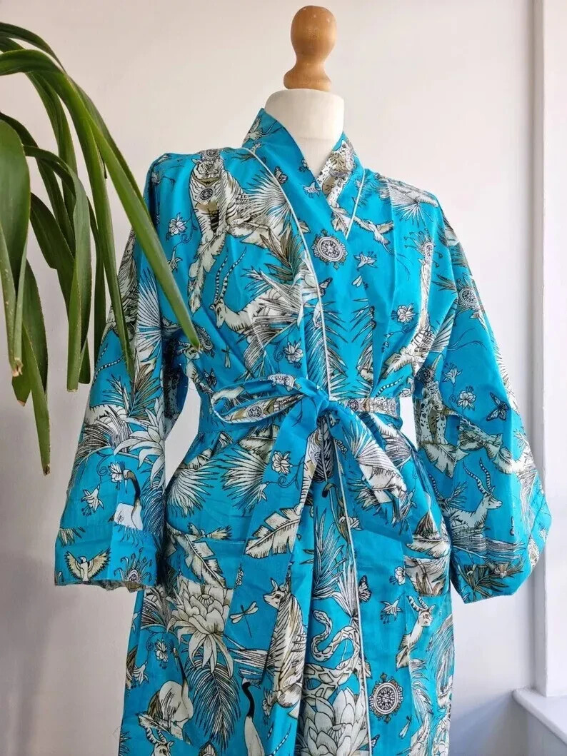1 PC Indian block Print 100% cotton robe gown Hippie women maxi kimono dresses