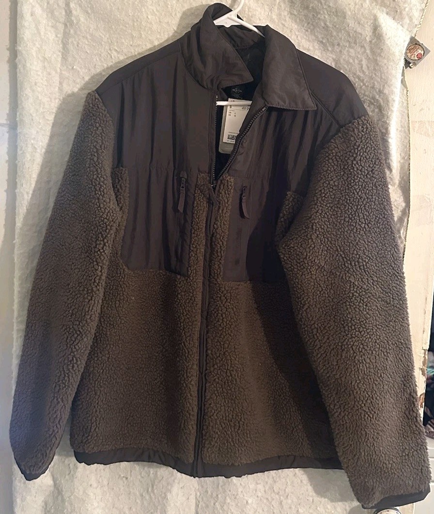 H&M Brown Faux Shearling Fleece Jacket Mens Zip Hybrid Utility Style Large NEW