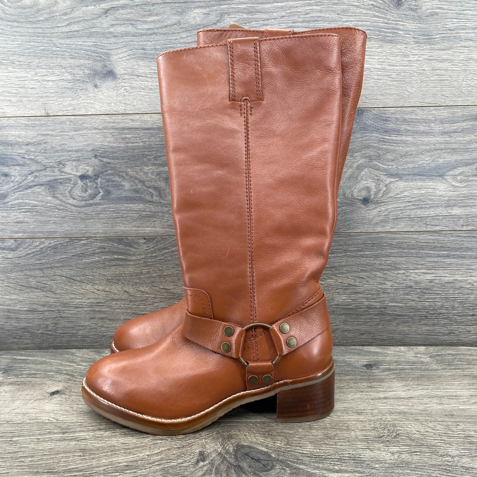 Frye Camryn Tall Harness Boots Cognac Brown Leather Womens 7M FR2136-COGN