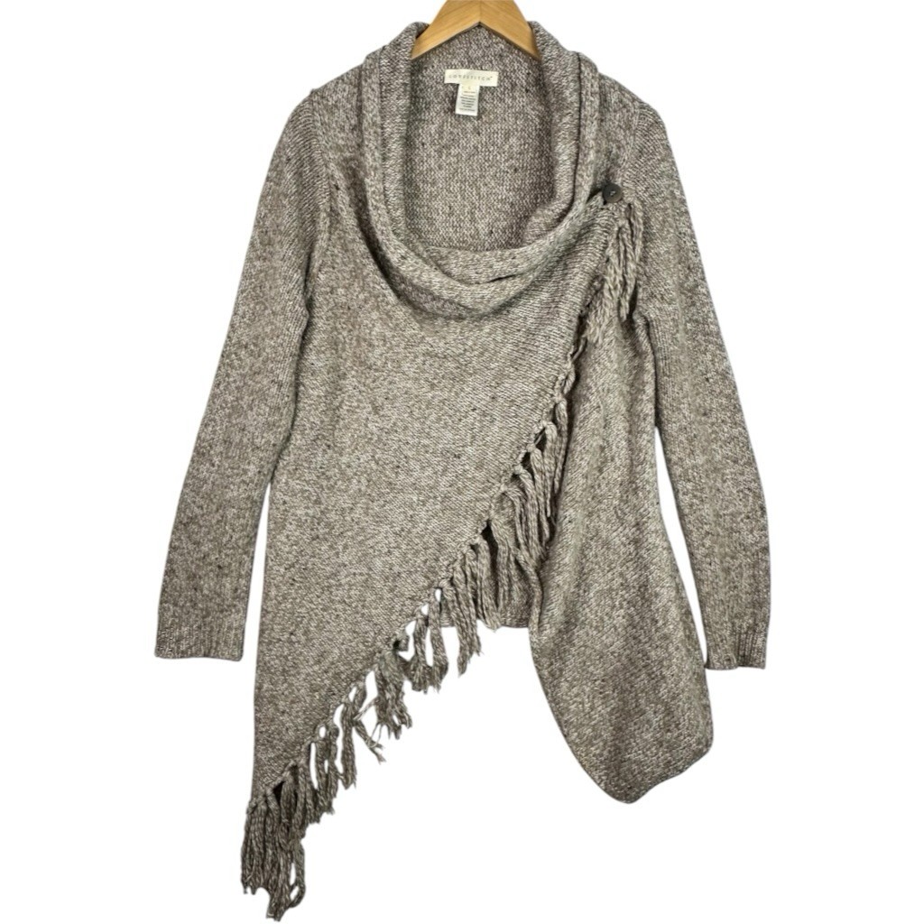Lovestitch  Fringe Wrap Cardigan Sweater Womens L Asymmetrical Draped Wool Blend