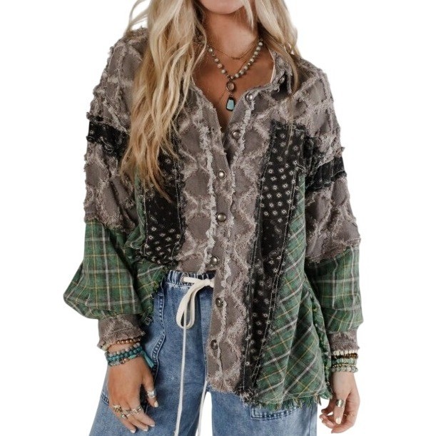 POL Clothing Winslow Textured Shacket Womens M Plaid Bandana Patchwork Jacket