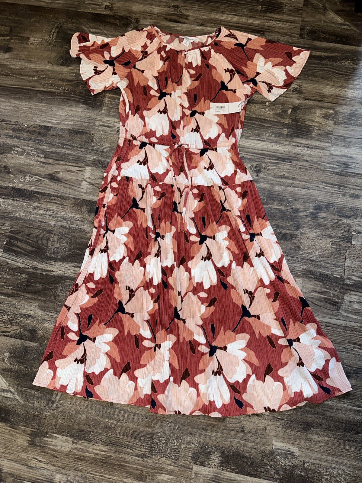Liz Clairborne Dress Medium Pleated Dusty Cedar Floral Tie Front NWT