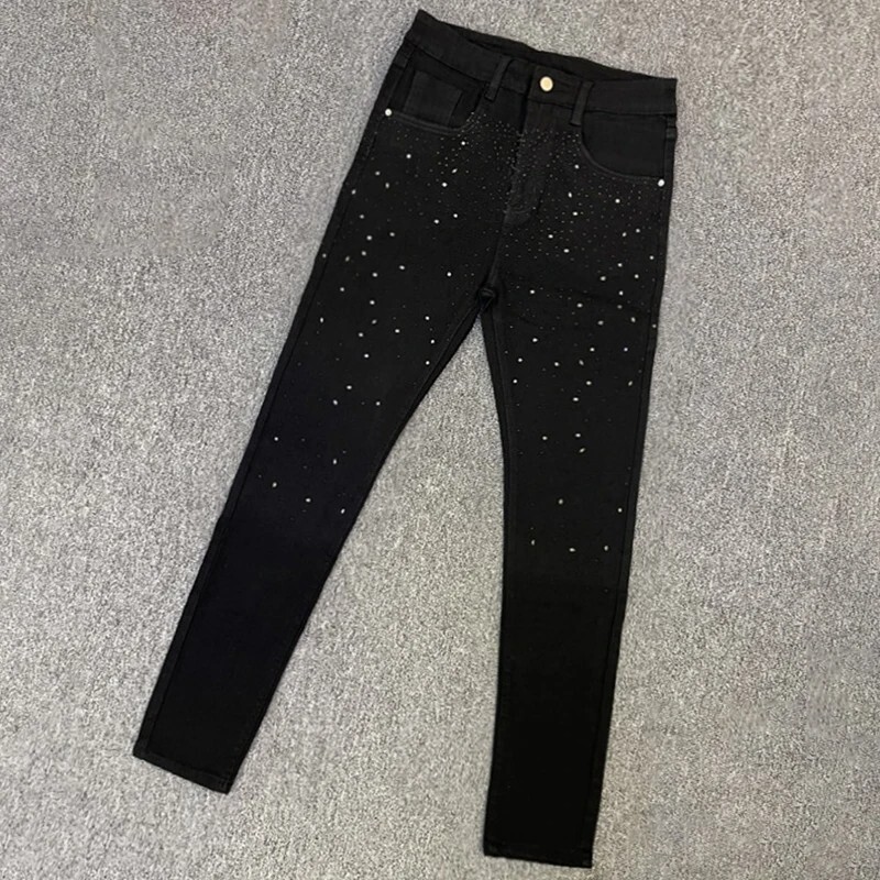 New Men Luxury Black Jeans Diamond Rhinestones Fashion Trousers High Quality