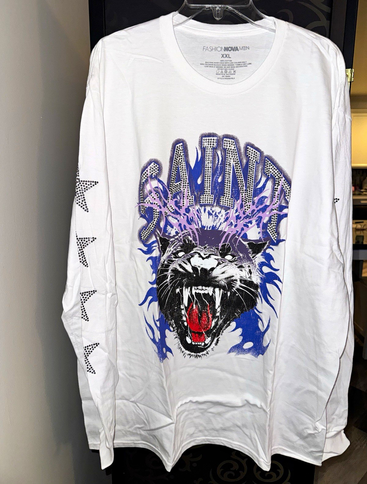 Fashion Nova Men White 2XL Cotton Long Sleeve Crew Neck Panther Graphic Tee