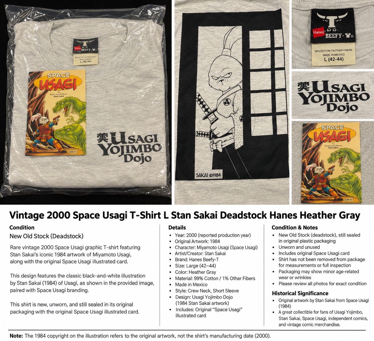 Vintage 2000 Usagi Yojimbo T Shirt L Albedo #2 1984 Stan Sakai Deadstock Hanes
