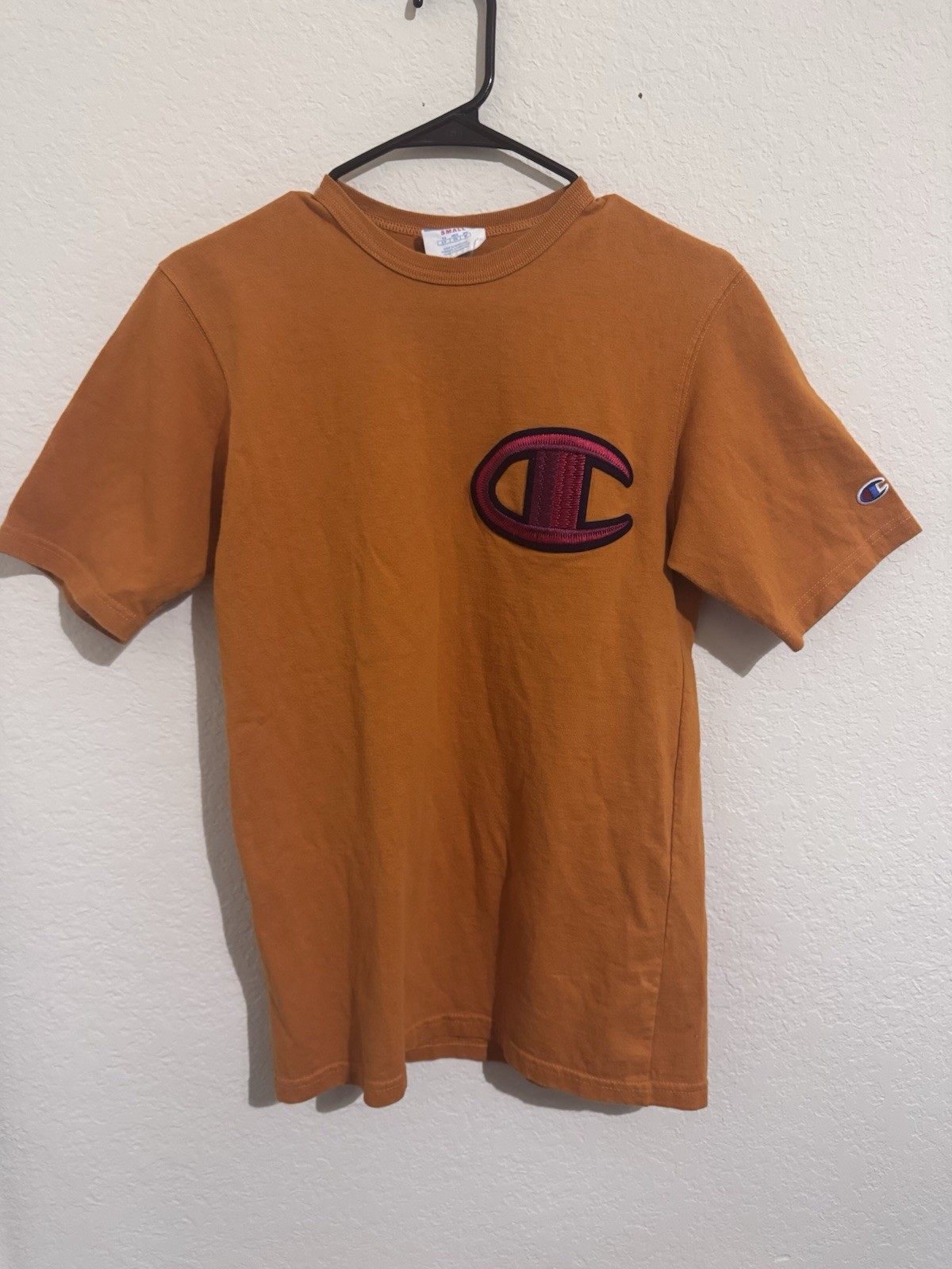 Champion T-Shirt Small Burnt Orange Big Chenille Logo Patch Crew Neck Mens