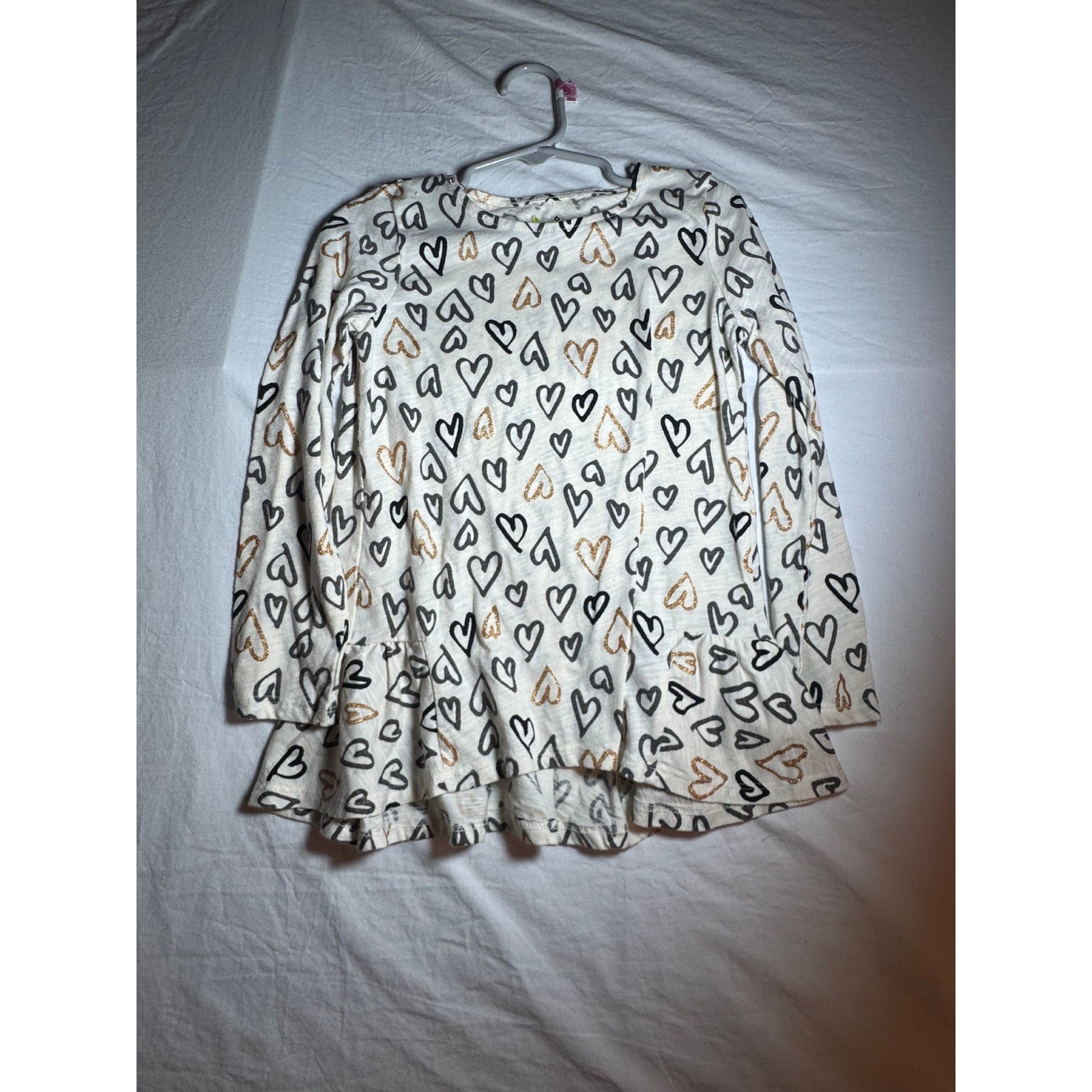 Jumping Beans Girls Size 6 Heart Print Peplum Top Long Sleeve Gold Glitter Cream