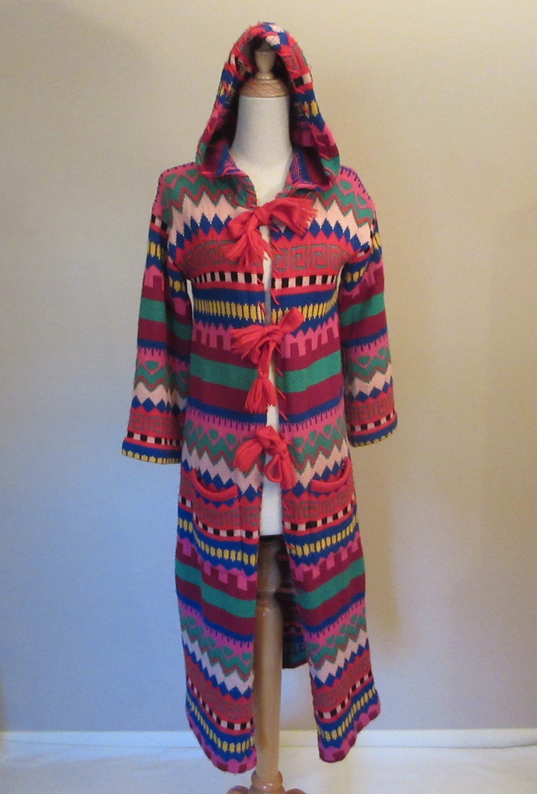 Vintage 1960s Barbara Lee Geometric Wool Knit Hooded Coat