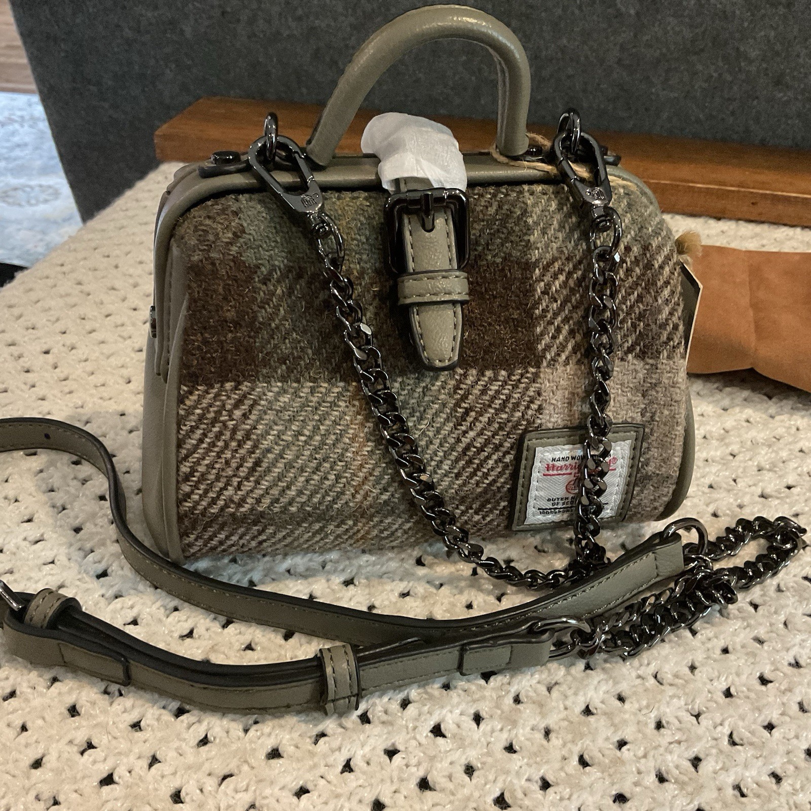 Islander Harris Tweed Mini Satchel Green Brown Beige Wool Crossbody Fall NEW