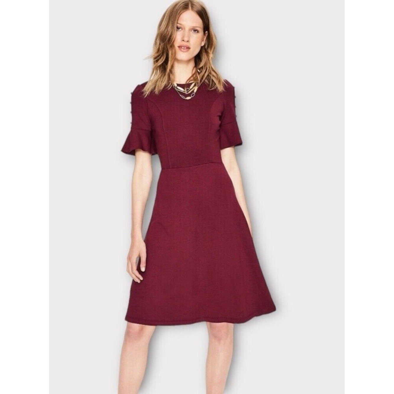 Boden Alexis Jersey Burgundy Ponte Midi Dress Bell Sleeve Button Detail US 8L