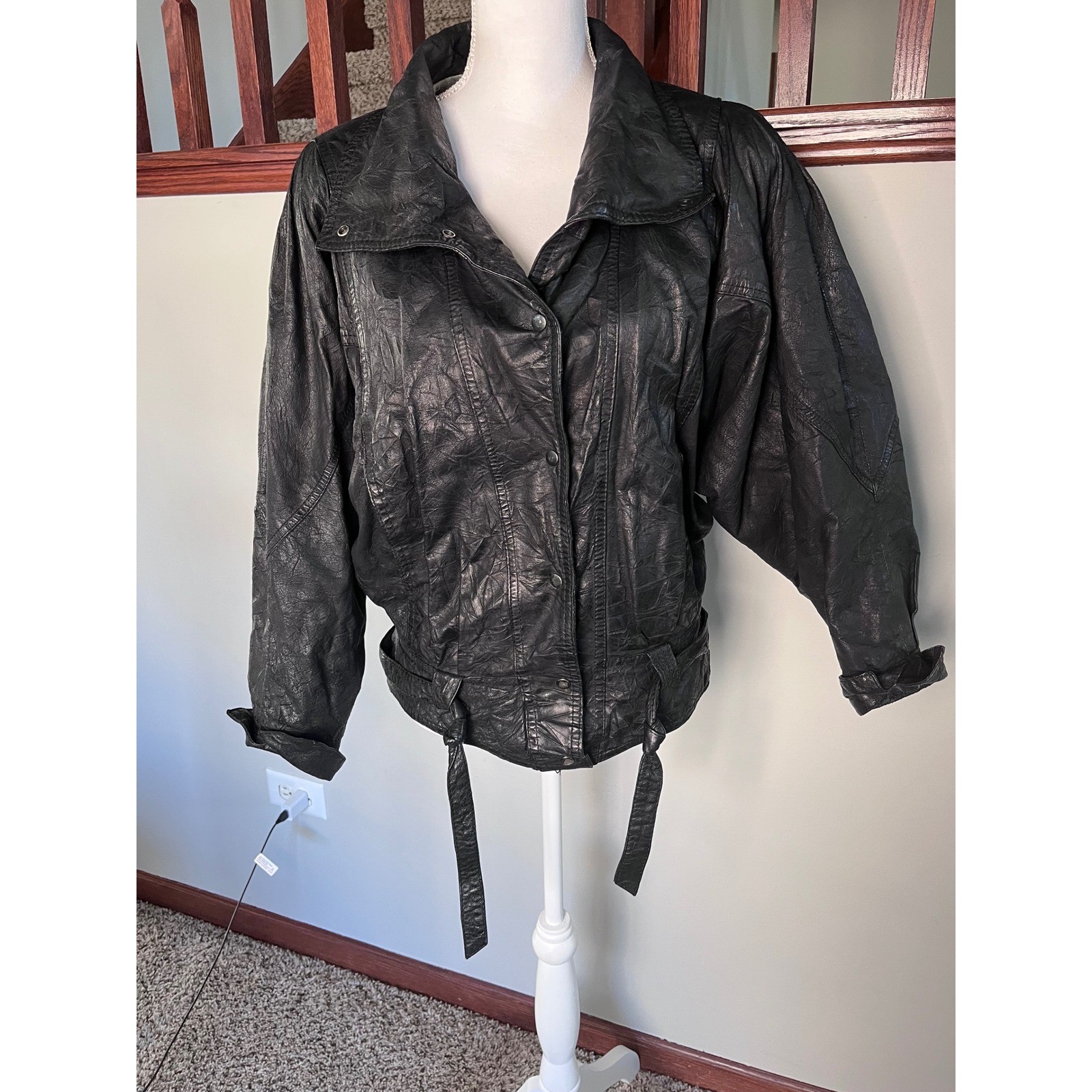 Winlit Vintage 80s Black Leather Batwing Sleeve Jacket XS Slouchy Biker Bomber