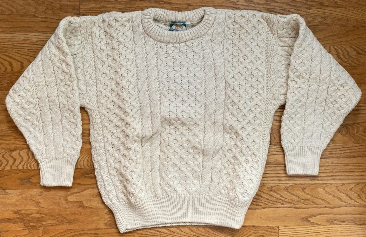 Vintage Gaeltarra Irish Ivory Cable Knit Fisherman Wool Sweater XS Ireland