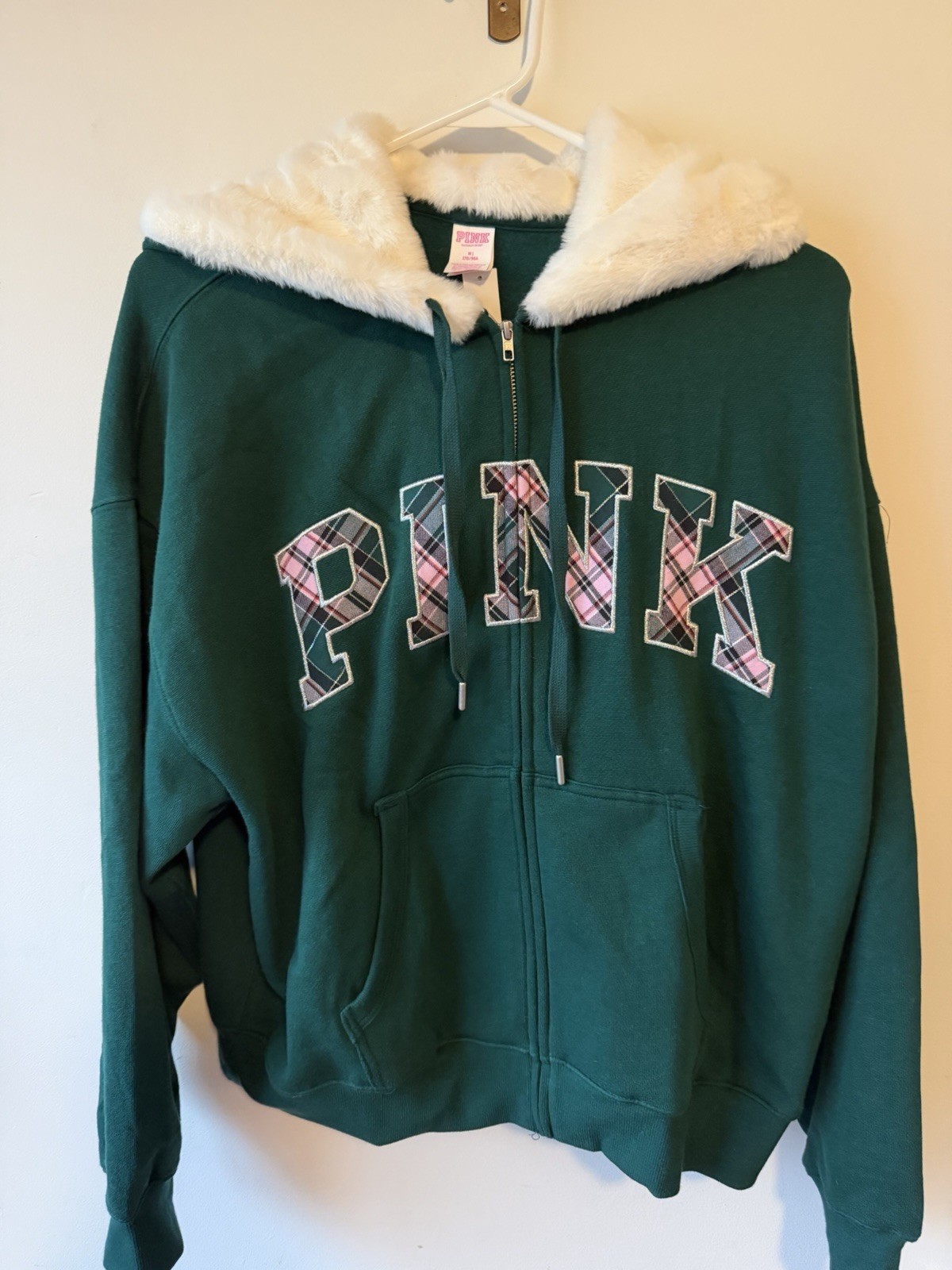 PINK Victoria’s Secret Green Plaid Pink Fur Full Zip Hoodie M NWT