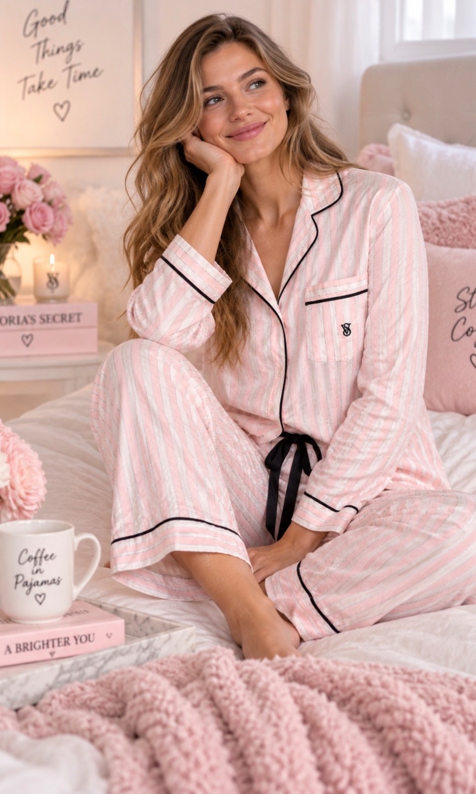 Victoria’s Secret Pajama 2 Pc Pink Stripe Cozy Warm Holiday Sleepwear Small