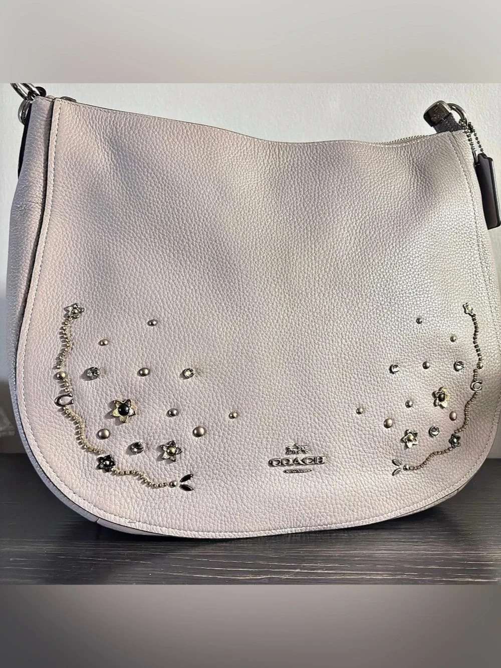 Coach Elle Large Leather Hobo Shoulder Bag With Stardust Crystal Rivet F49127 