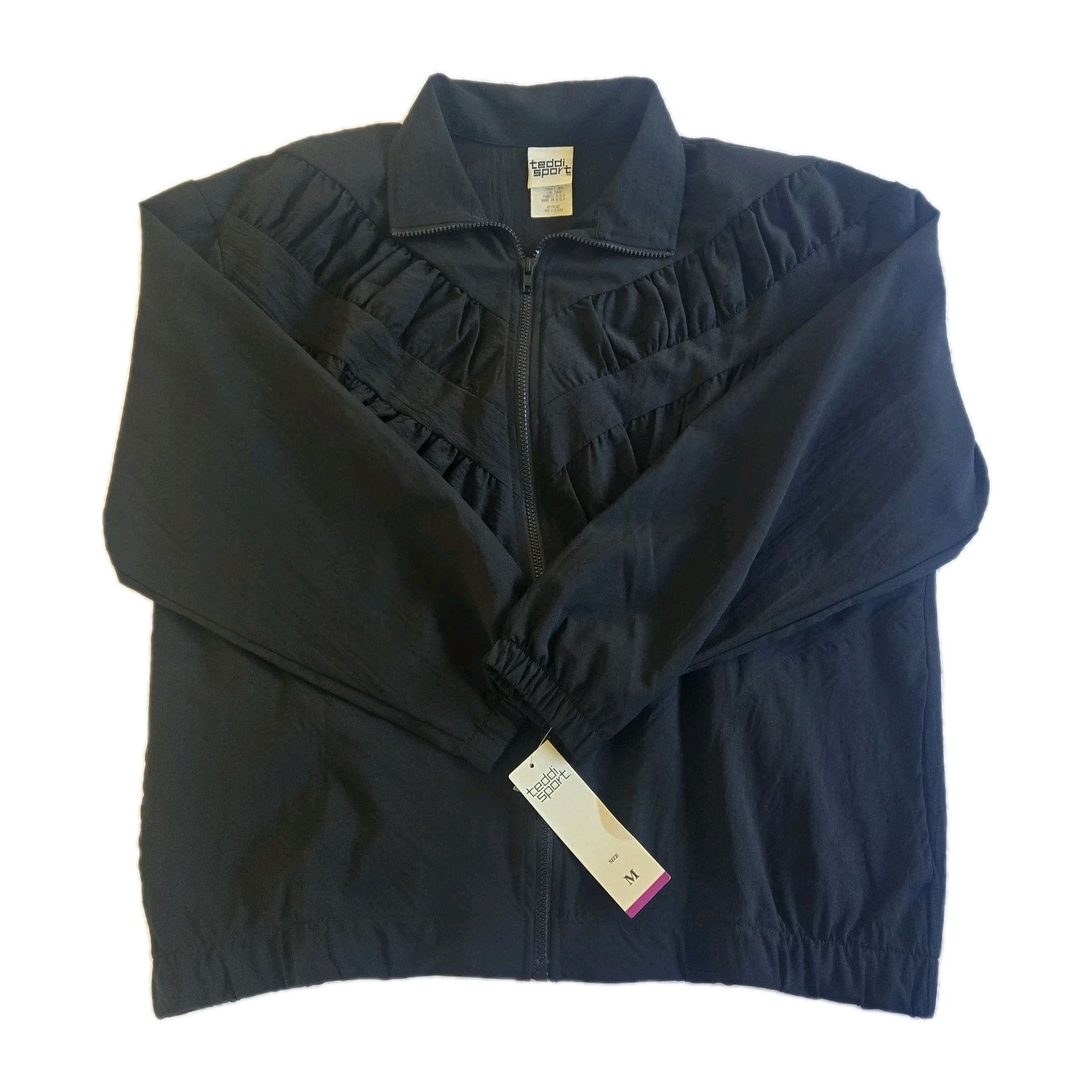 Vtg 80s Deadstock Teddi Sport Black Windbreaker Track Aerobics Jacket Womens M