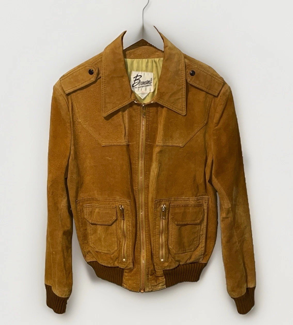 Vintage 70s Berman’s Genuine Leather Suede Bomber Jacket Men’s 46 Tan Distressed