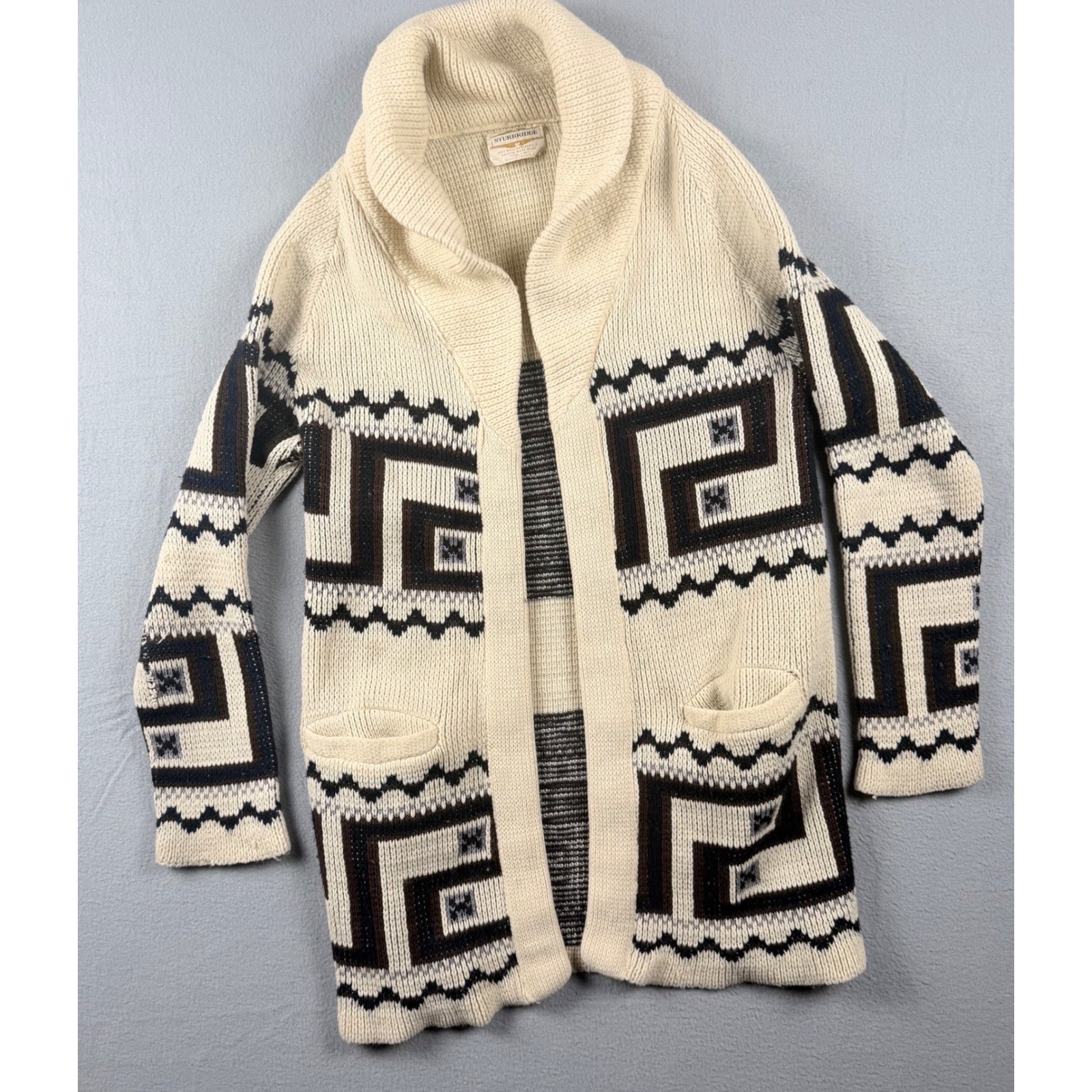 Vintage 70\'s Sturbridge Shawl Collar Geometric Cardigan Sweater S/M Cream Aztec