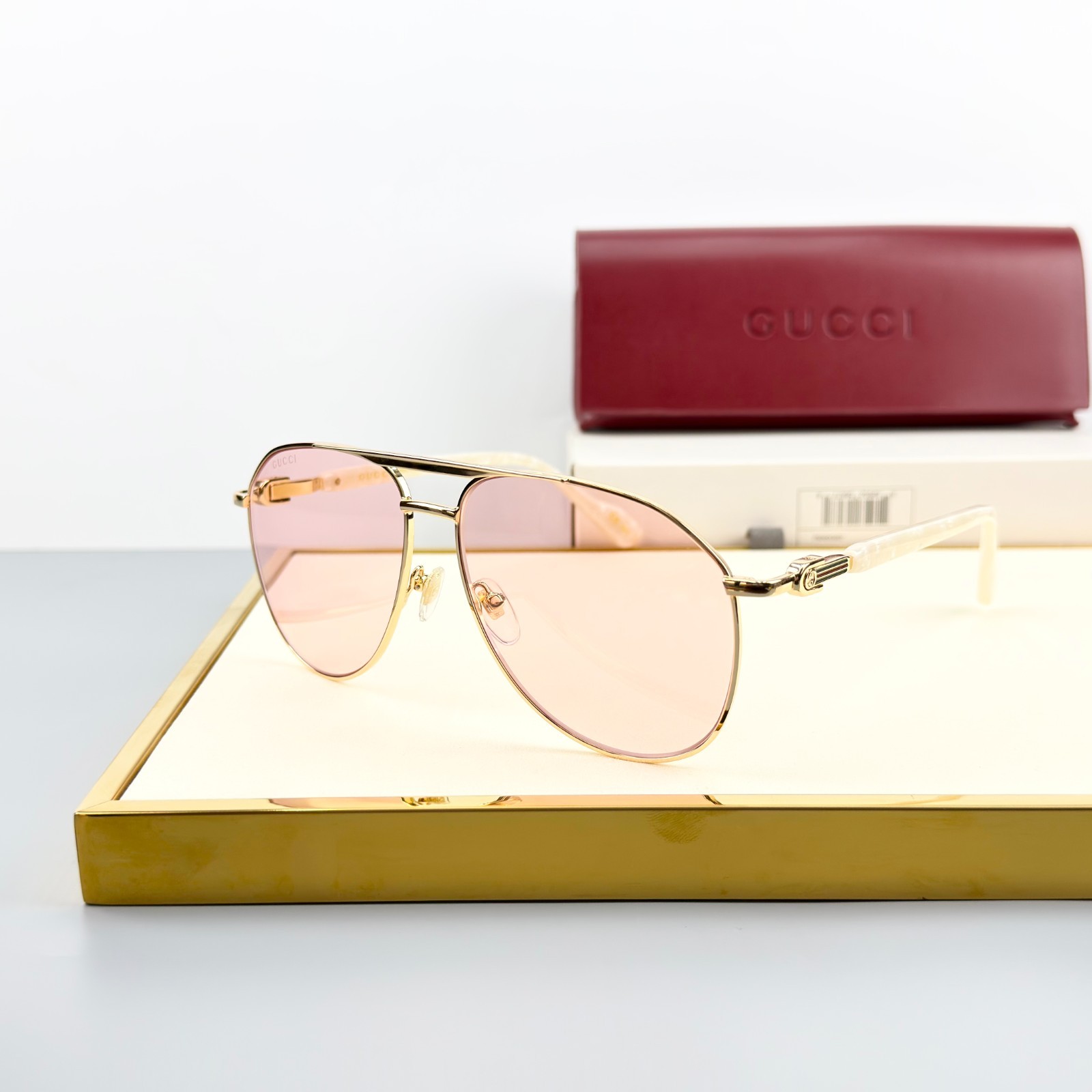 Gucci GG1220S Gold Frame Pink Lens Aviator Sunglasses New w/ Case