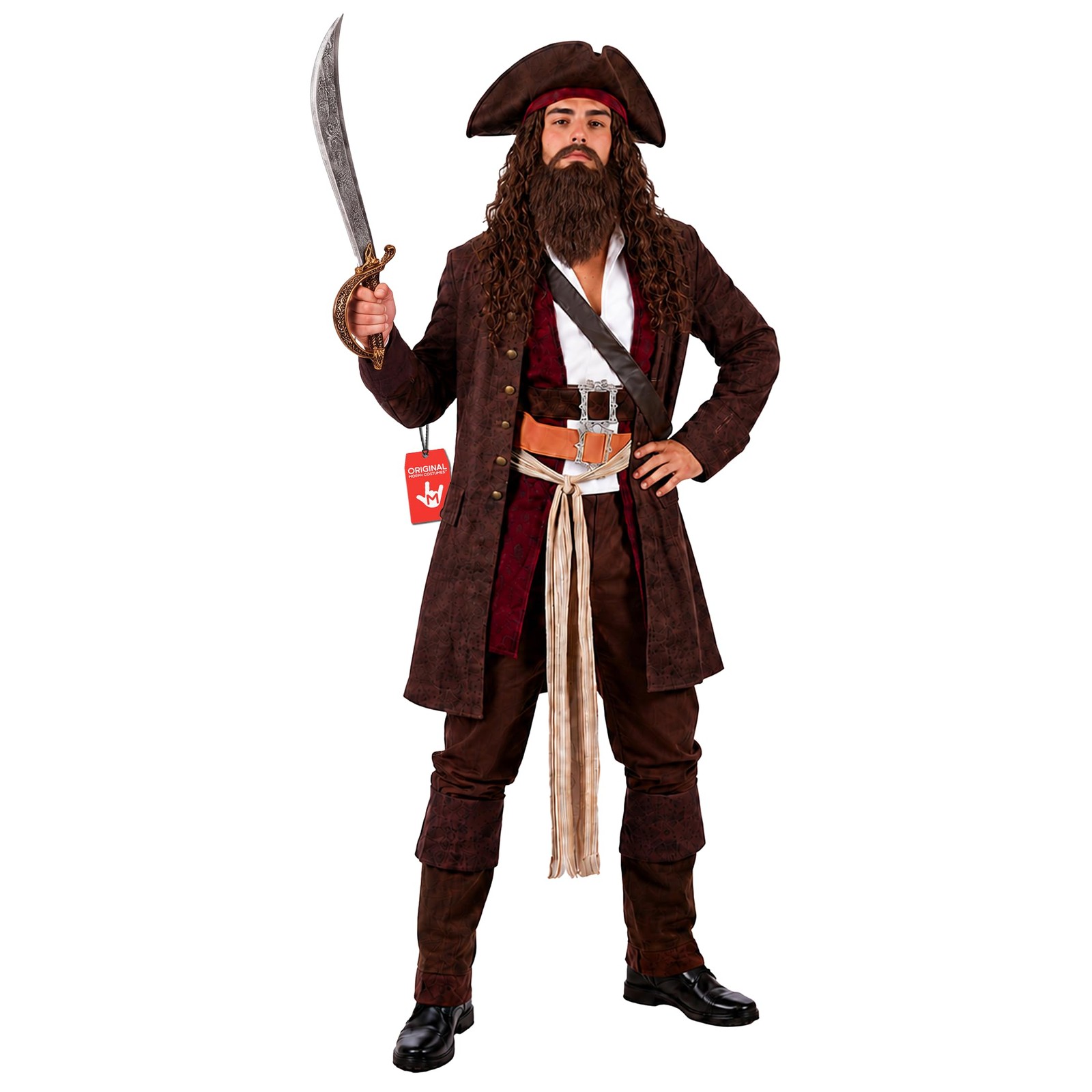 Men`s Caribbean Pirate Captain Costume + Hat + Wig Jack Sparrow M - XL Halloween