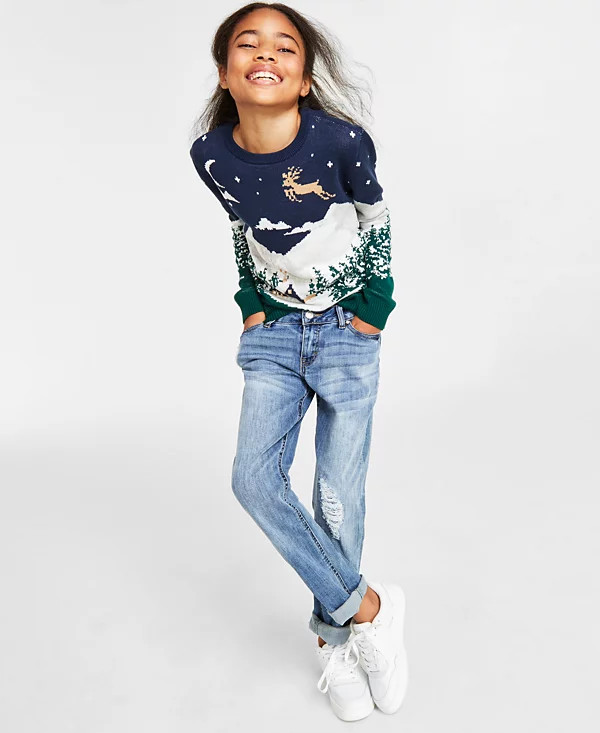 Holiday Lane Big Girls Small Snowy Landscape Crewneck Sweater in Blue $40 122