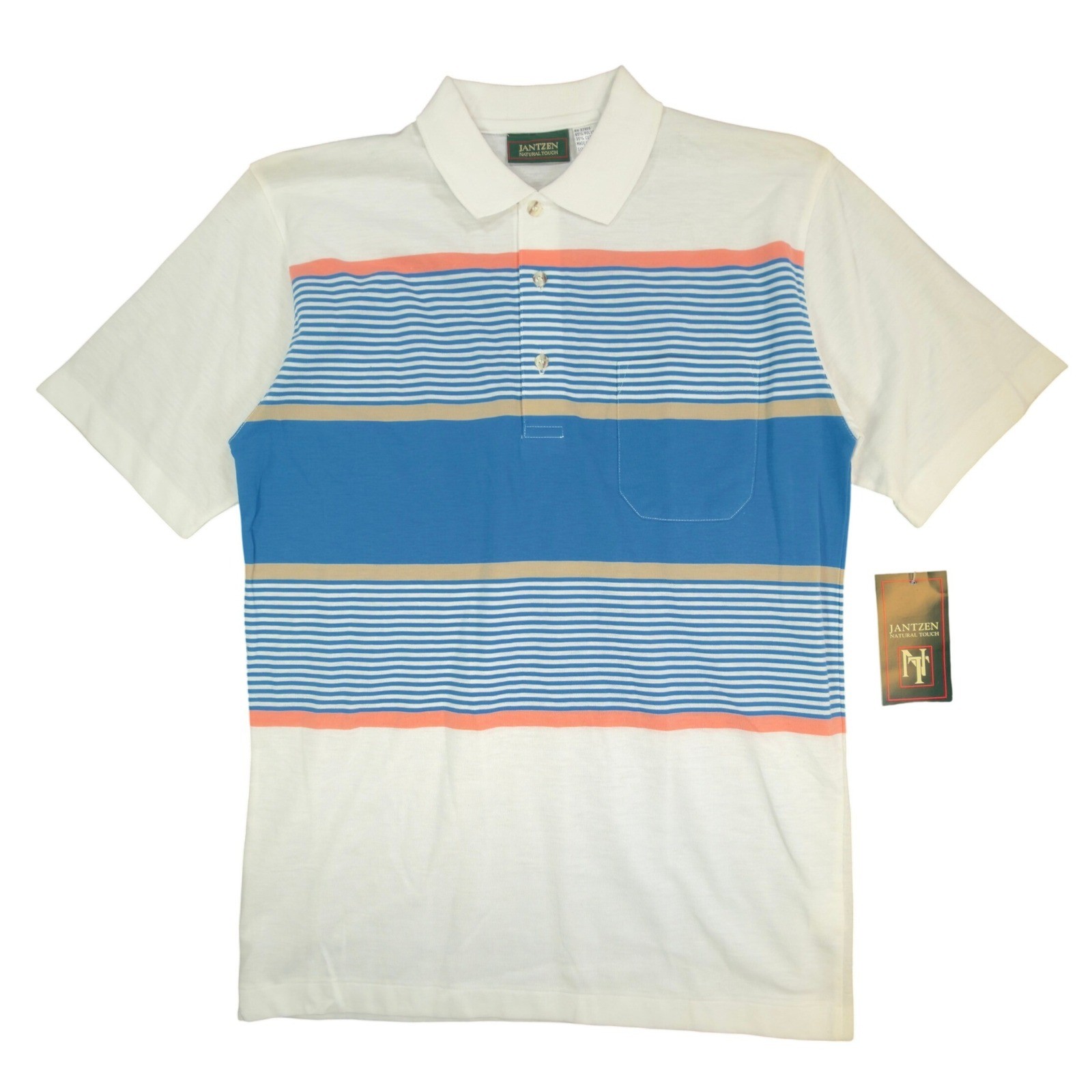 Jantzen Polo Shirt Mens Small Vintage 90s Mallard Blue Striped Pocket Deadstock