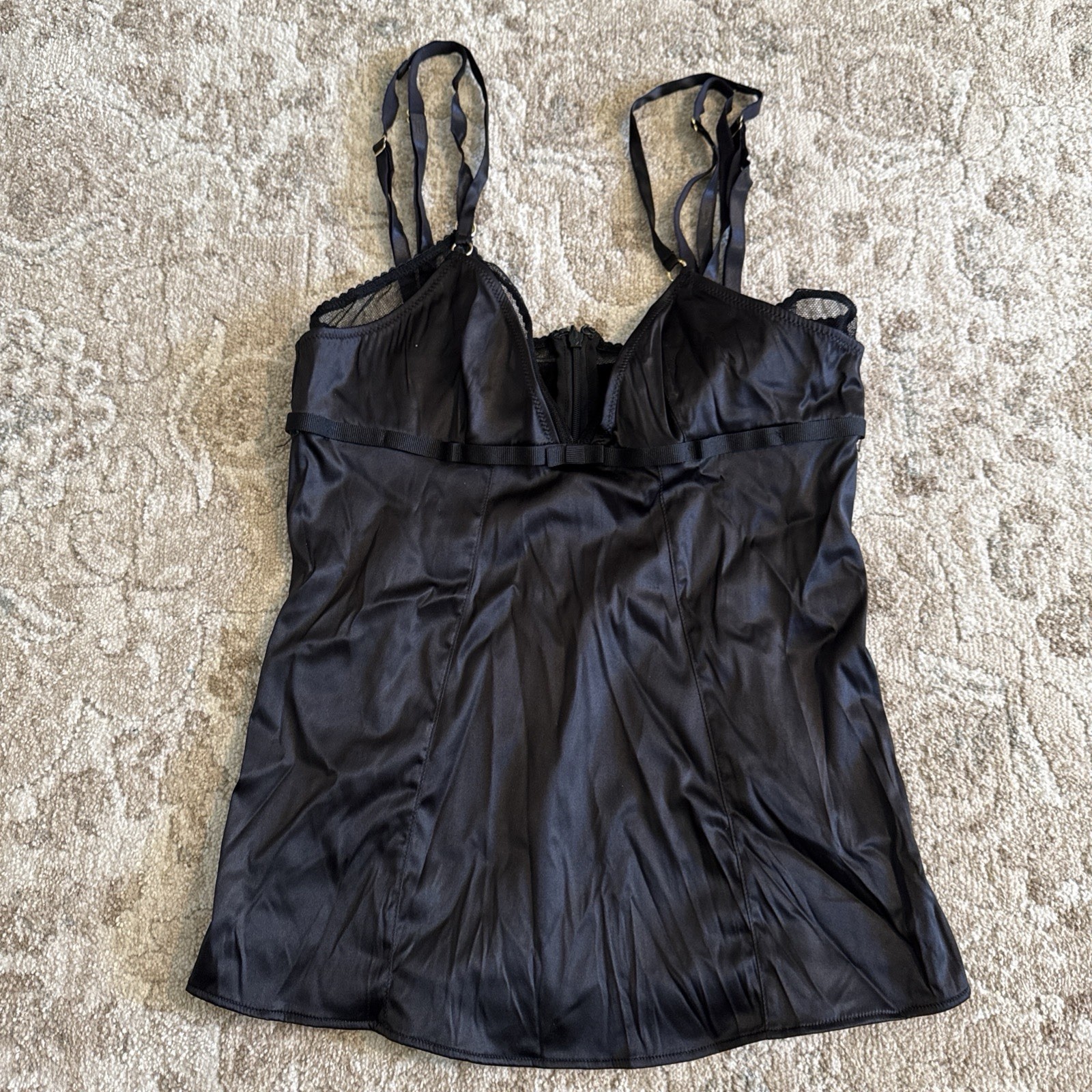 Vintage 2000\'s Dolce & Gabbana Black Satin Corset Top Zip Bow Small