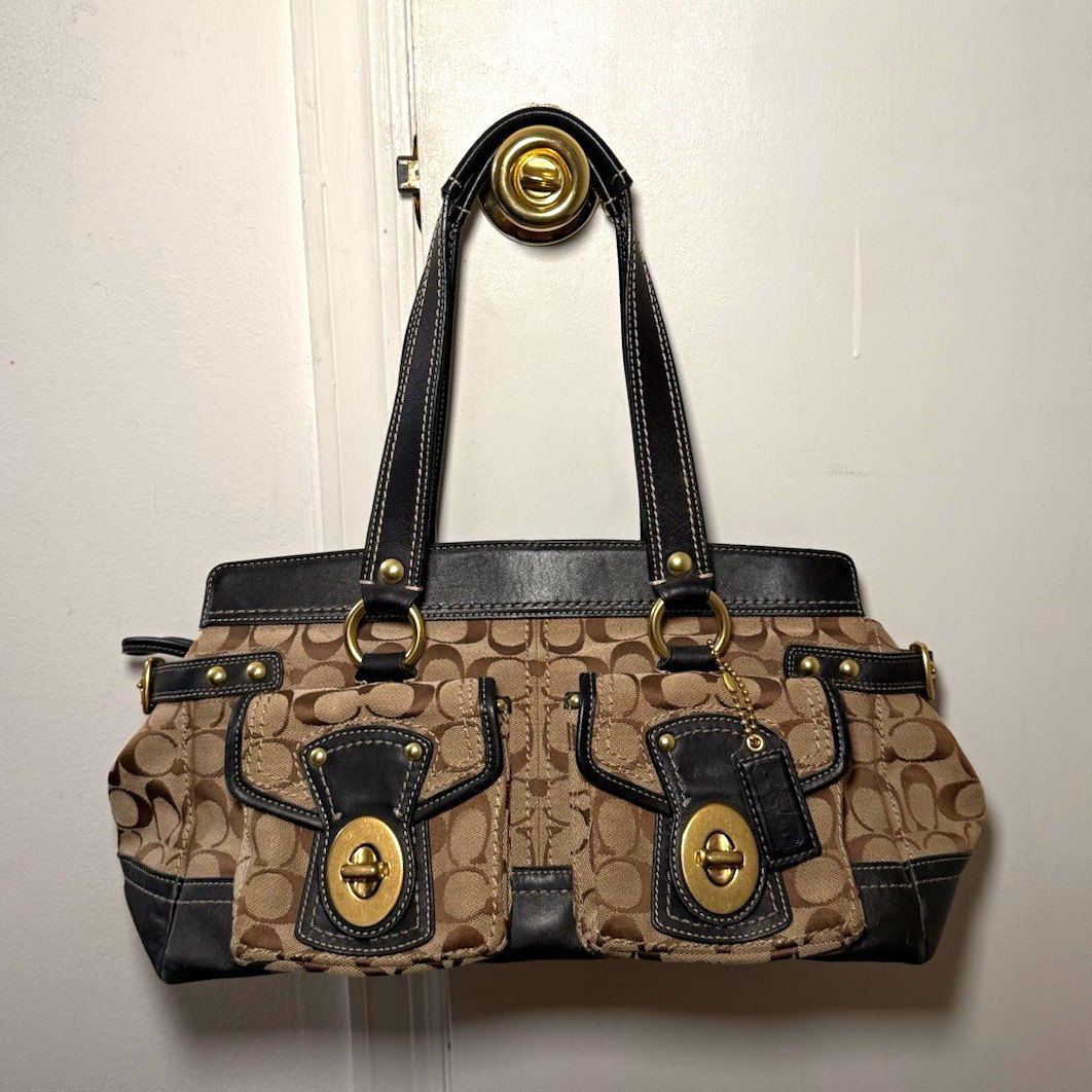 Vintage Coach Signature Monogram Medium Satchel Top Handle Bag Brown/Black Gold